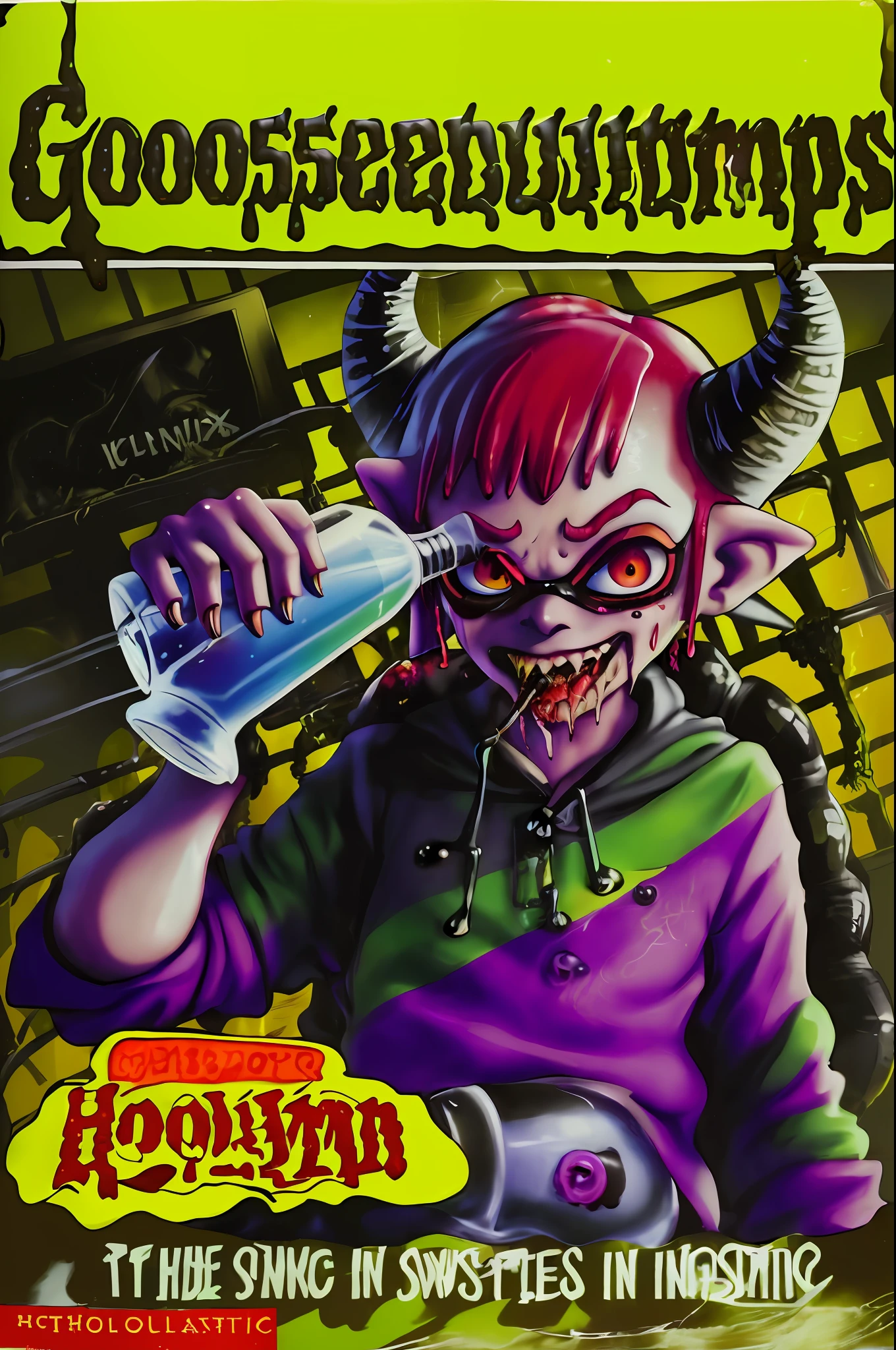 GoosebumpsBookCover, one day at horrorland,Inkling,splatoon,inkling,detailed,a horror from horrorland as an inkling with curly horns,giving handing over a disgusting drink to you