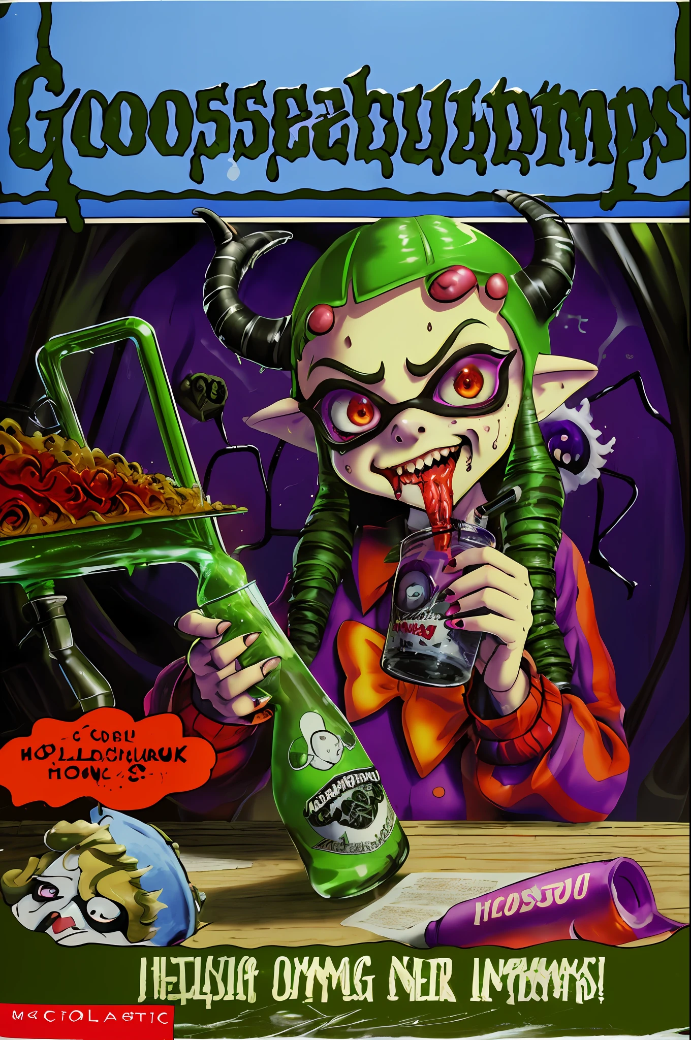 GoosebumpsBookCover, one day at horrorland,Inkling,splatoon,inkling,detailed,a horror from horrorland as an inkling with curly horns,giving handing over a disgusting drink to you