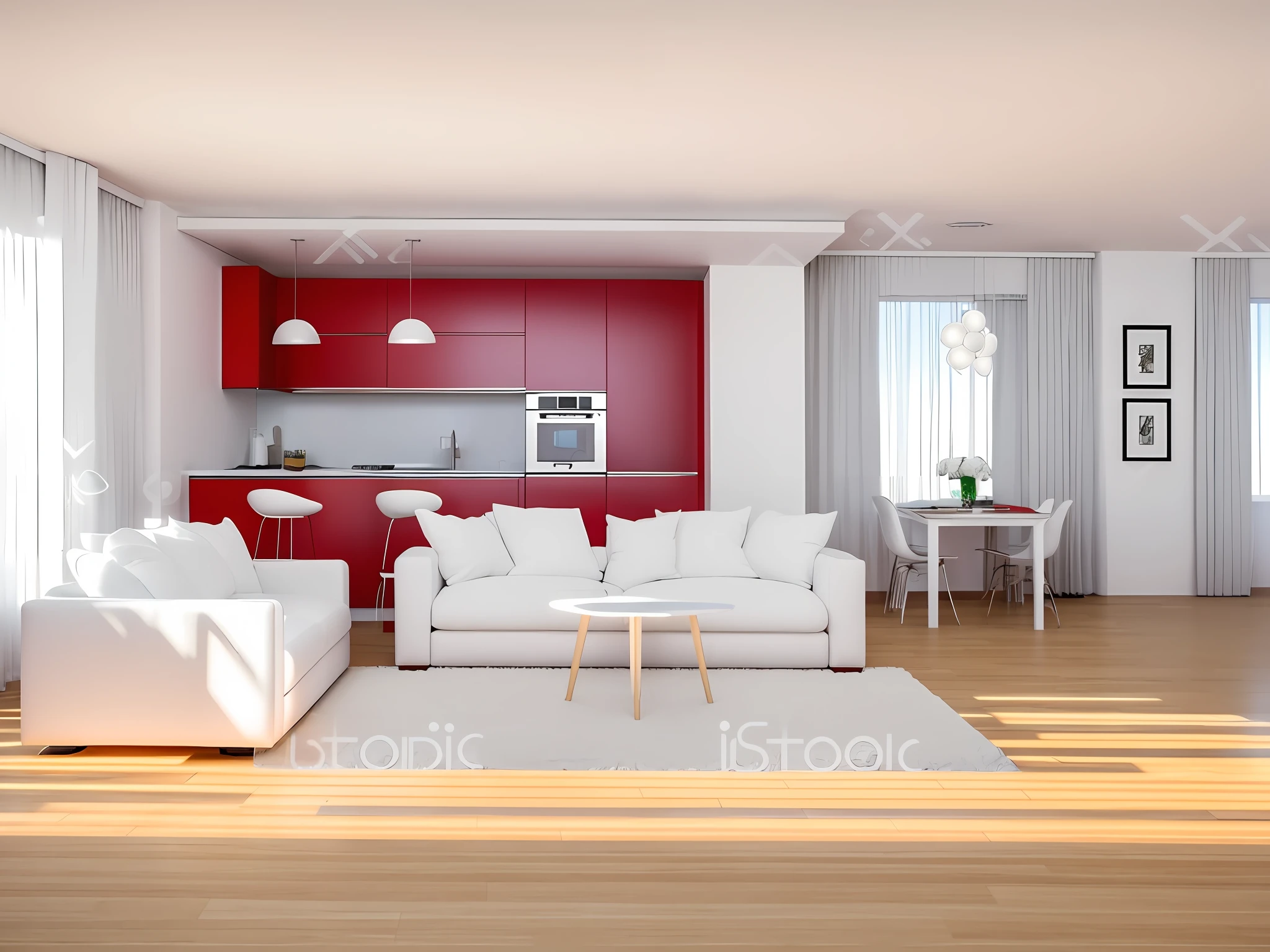Beautiful modern living room beside Red ACRYLIC kitchen cabinet,White sofa,with minimal pictures on the wall, linen curtain beside the class window, coffee table, modern wood,ceiling with magnetic emissive lighting, white fabric PRB textures, Wood floor PRB texture, indoor 16k HDRi, lens flare ceiling lighting, very clean atmosphere(masterpiece),(high quality),real,(realistic)super detailed, (full detail),(4k),8k, interior living room,room white,Clear atmospheres,clean air,no fog,clean,clear,indoor lighting,ceiling lighting lens flare, no water mark,no letters,Realistic,Relaistic,clean,bright indoor lighting