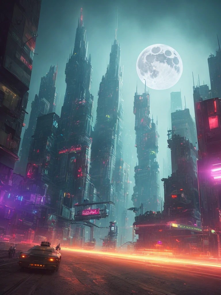 (highly detailed:1.2),(best quality:1.2),(8k:1.0),(emb-rrf-low:1.0),sharp focus,(award-winning photograph:1.2), (subsurface scattering:1.1), Futuristic cityscape with towering skyscrapers, neon-lit streets, flying cars, holographic billboards, and a full moon backdrop, by Robert Broomfield, 3D art, photorealistic, hyper-detailed, dystopian, trending on ArtStation, cinematic lighting, sci-fi, and fantasy.