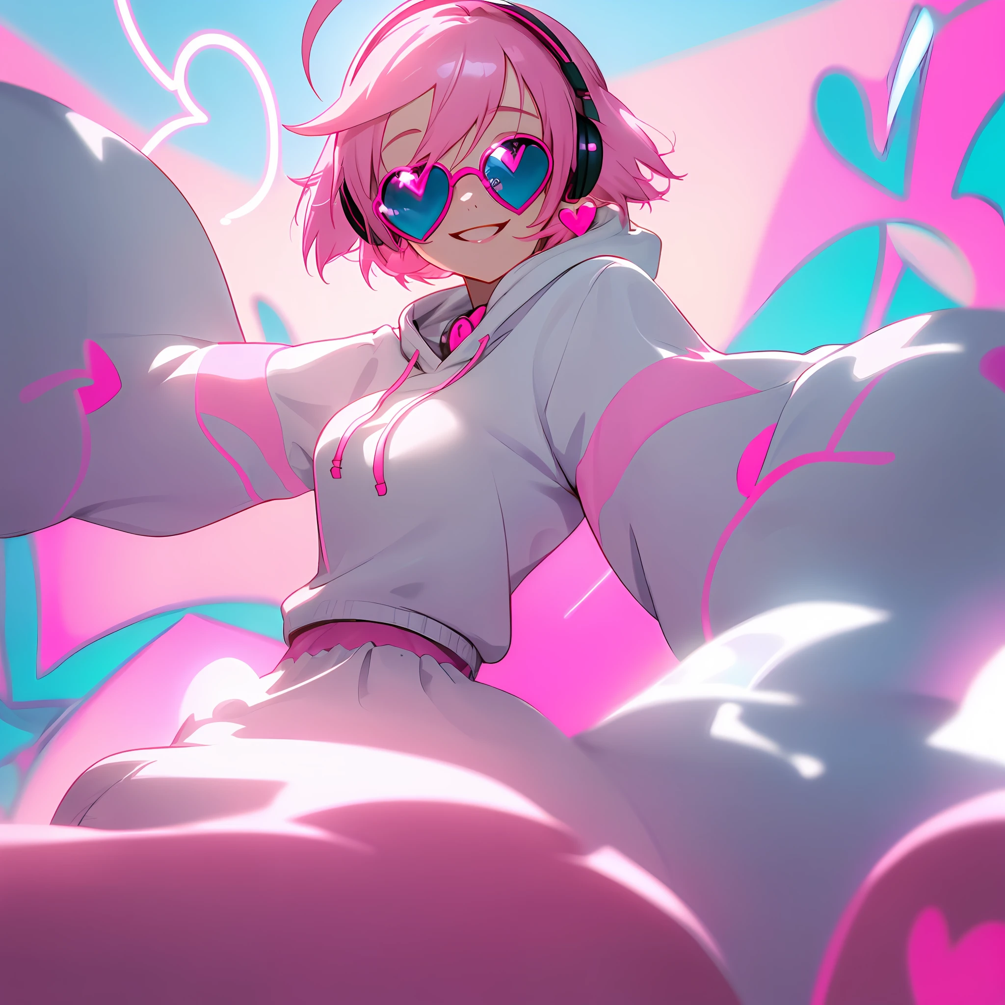 Girl with short pink hair, smiling and joyful in, Sweater with Hoodie, sunglasses and pink, blue e yes, cheerfulness, heart-shaped pupils, heart earrings, headphones, light smile, an ime style, glowing light, UHD, retina, super detail