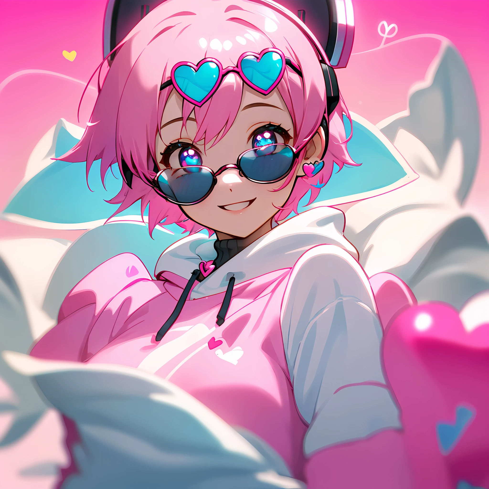 Girl with short pink hair, smiling and joyful in, Sweater with Hoodie, sunglasses and pink, blue e yes, cheerfulness, heart-shaped pupils, heart earrings, headphones, light smile, an ime style, glowing light, UHD, retina, super detail