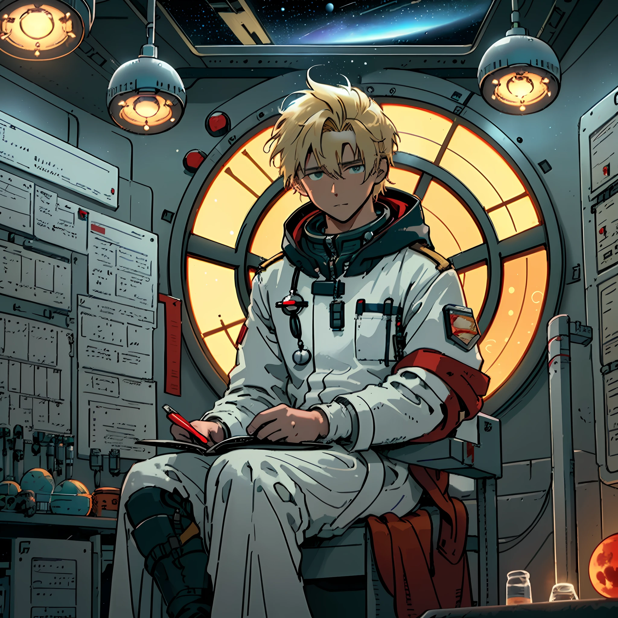 Draw a 27 years old blonde yellow hair medic, sitting on a small medical bay research platform at the space ship, tied up test person
, asteroid belt visible through the big window. He is studying with a notebook, surrounded by several asteroids glowing with fiery auras. Drips of red blood here and there, Dramatic lighting from distant stars and planets illuminates the scene, casting deep shadows on the medical coat. The young man looks confident and determined, looking at the vast and mysterious universe with wonder and respect, cowboy shot, middle lengh hair, red contrast colour, blood splater here and there