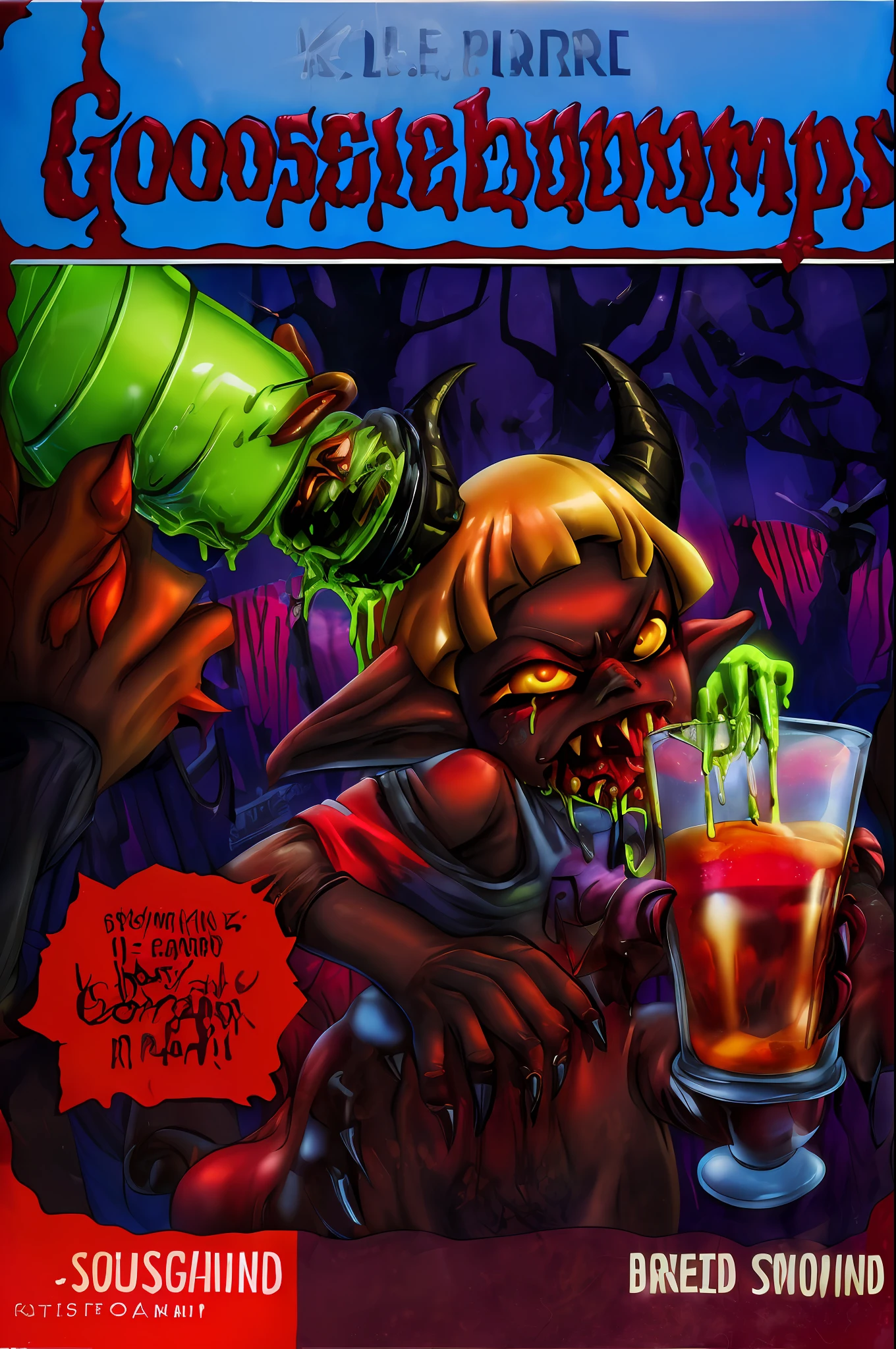 GoosebumpsBookCover, one day at horrorland,Inkling,splatoon,inkling,detailed,a horror from horrorland as an inkling with curly horns,giving handing over a disgusting drink to you,with green dark skin, little demon yellow eyes,