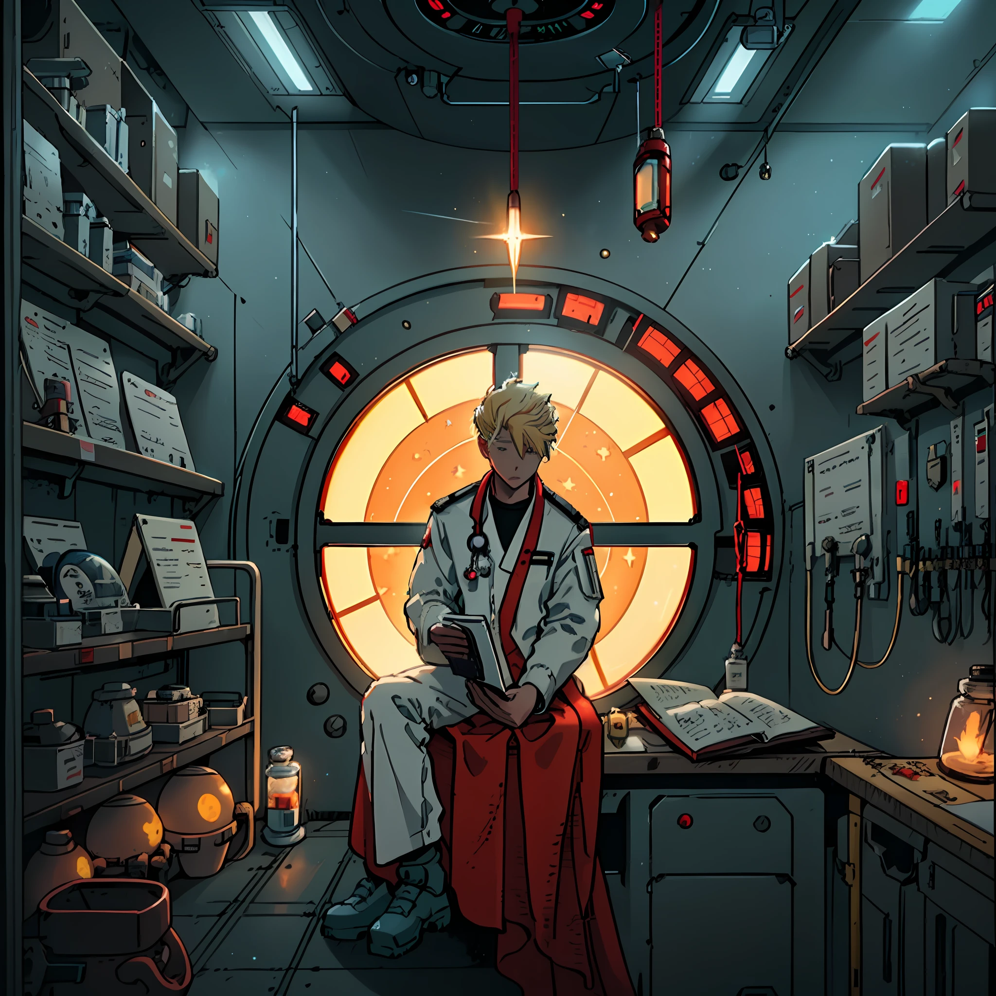 Draw a 27 years old blonde yellow hair medic, sitting on a small medical bay research platform at the space ship, tied up test person
, asteroid belt visible through the big window. He is studying with a notebook, surrounded by several asteroids glowing with fiery auras. Drips of red blood here and there, Dramatic lighting from distant stars and planets illuminates the scene, casting deep shadows on the medical coat. The young man looks confident and determined, looking at the vast and mysterious universe with wonder and respect, cowboy shot, middle lengh hair, red contrast colour, blood splater here and there