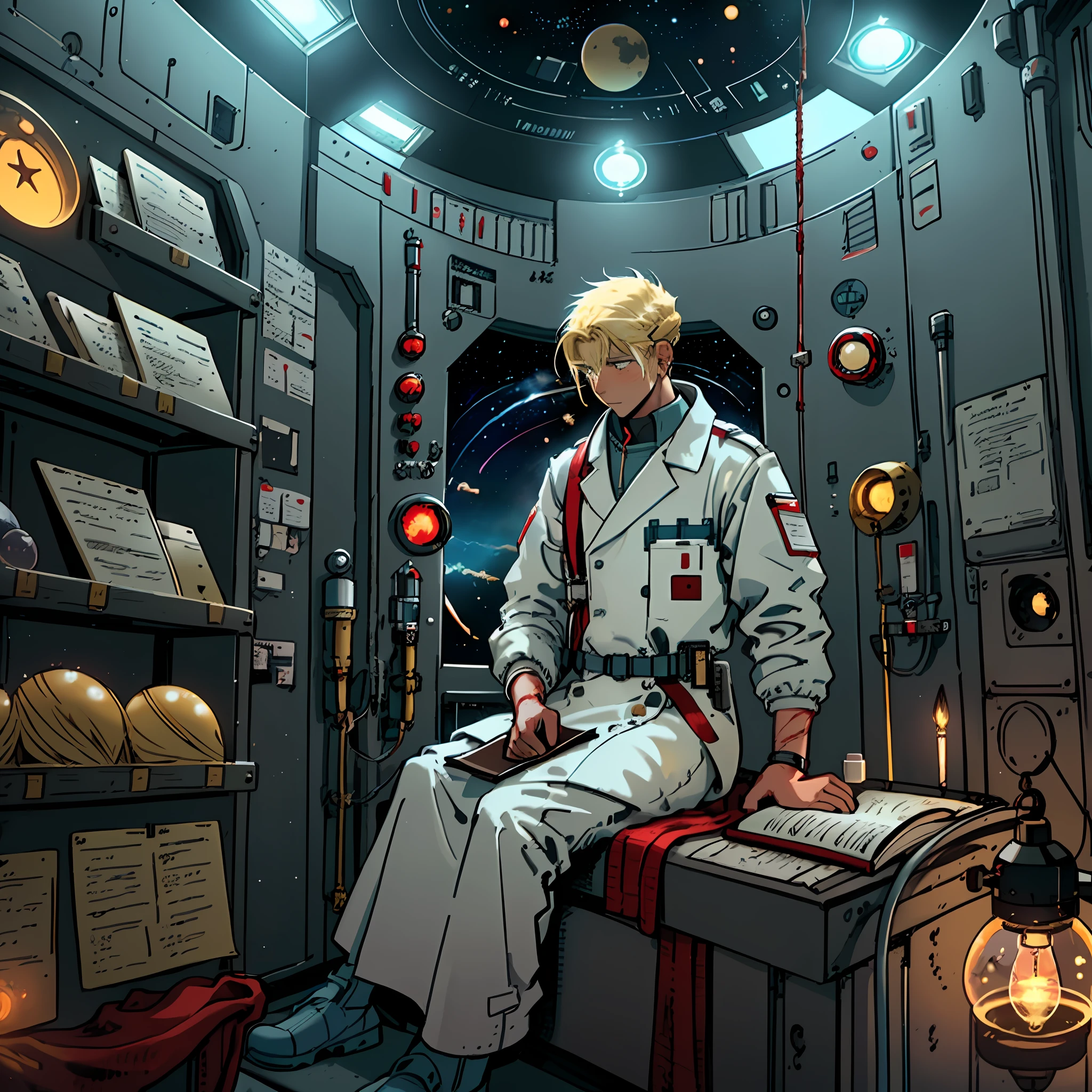 Draw a 27 years old blonde yellow hair medic, sitting on a small medical bay research platform at the space ship, tied up test person
, asteroid belt visible through the big window. He is studying with a notebook, surrounded by several asteroids glowing with fiery auras. Drips of red blood here and there, Dramatic lighting from distant stars and planets illuminates the scene, casting deep shadows on the medical coat. The young man looks confident and determined, looking at the vast and mysterious universe with wonder and respect, cowboy shot, middle lengh hair, red contrast colour, blood splater here and there