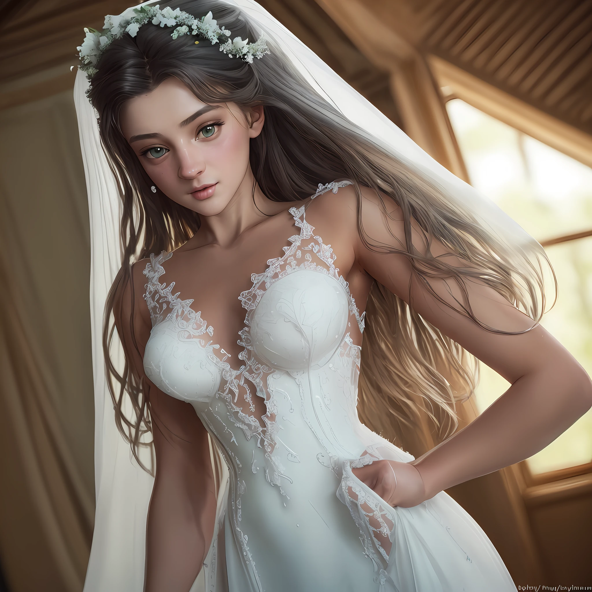 an extremely beautiful woman with transparent white wedding dress, her body is sculptural and magnificent, pearl green eyes extremely detailed, messy hair, masterpiece by Charlie Bowater, stock film nikon d850 photography, camera kodak portra 400 lens f1.6, extremely detailed, amazing, fine details, rich colors, realistic texture hyper realistic, dramatic lighting, unrealengine, trend in artstation,  cinestill 800 tungsten, looking for viewer, realistic photo, RAW photo, TanvirTamim, high quality, high resolution, sharp focus, extremely detailed, cinematic lighting, 8k uhd,