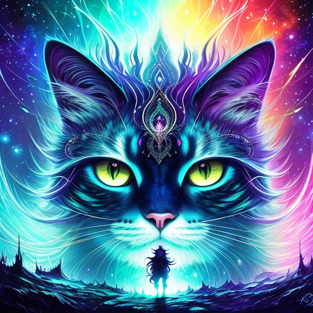 a colorful cat with bright eyes and a large grin on its face, graffiti art by Android Jones, trending on Artstation, furry art, epic art style, beautiful neon cats, scary color art in 4 k, art of alessandro pautasso, amoled wallpaper, liquid cat, striking detailed artstyle, hyper color digital art, awesome cat, vibrant cartoon art