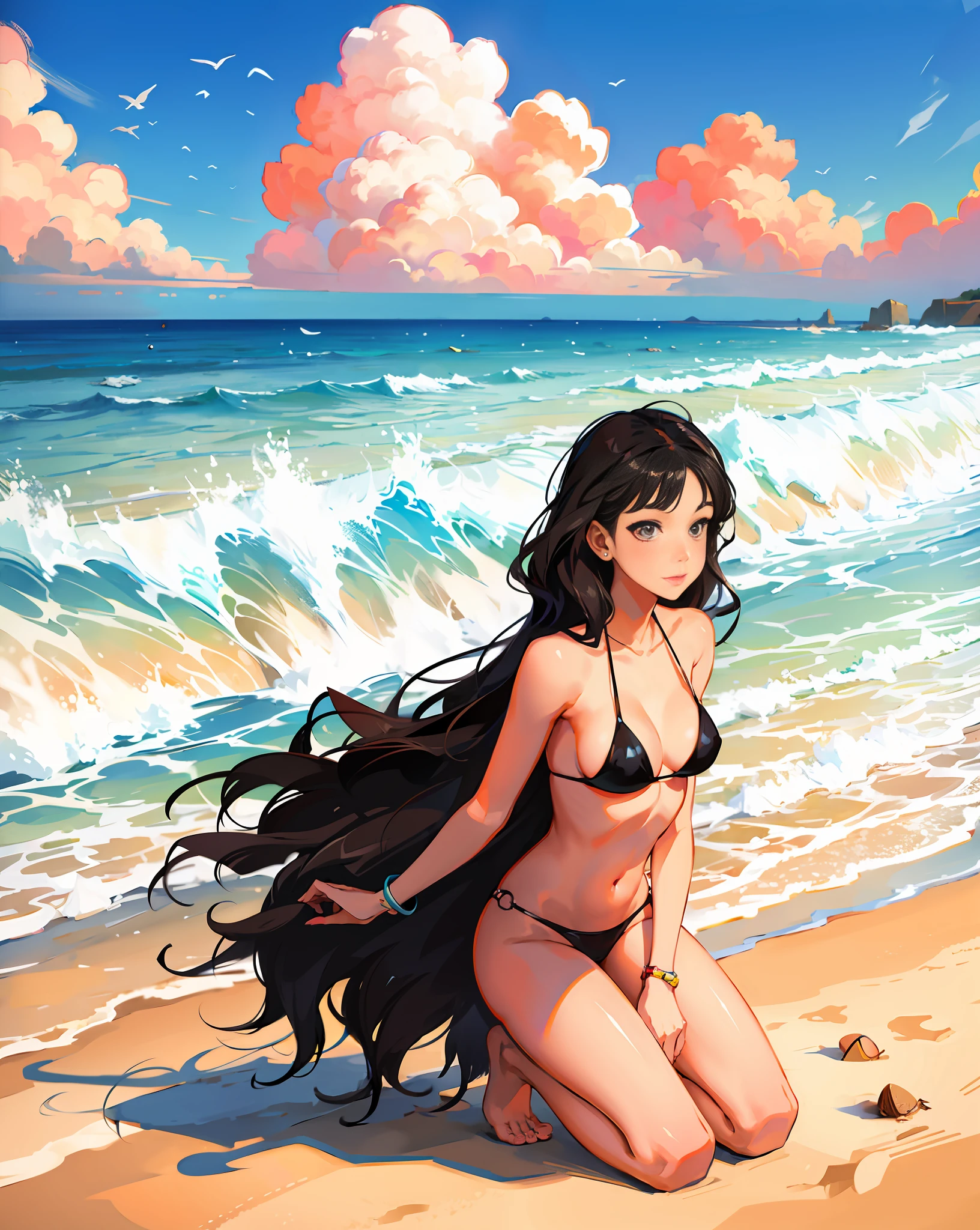 girl with wavy black hair, nude, on the beach, wear eyeglass