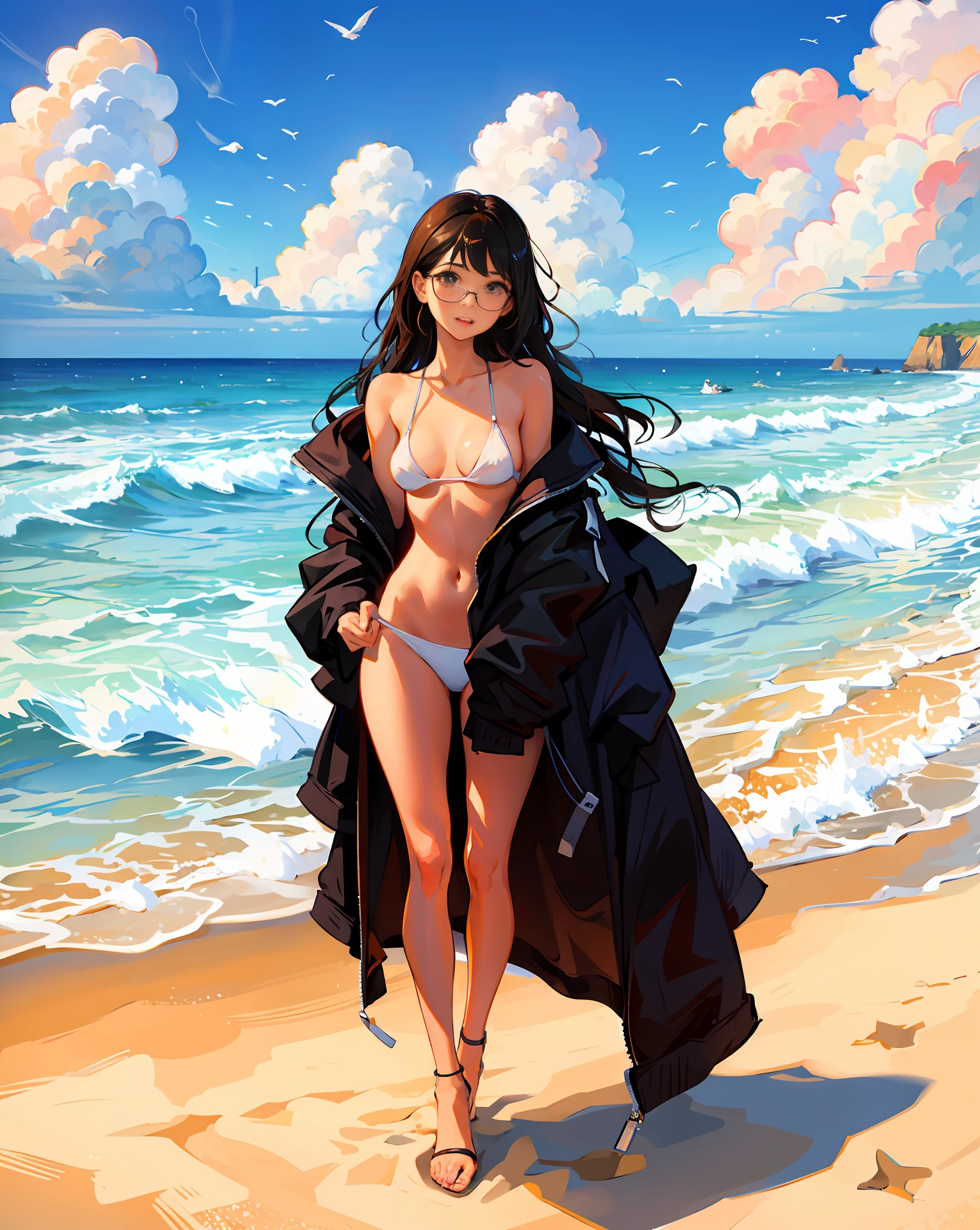 girl with wavy black hair, nude, on the beach, wear eyeglass