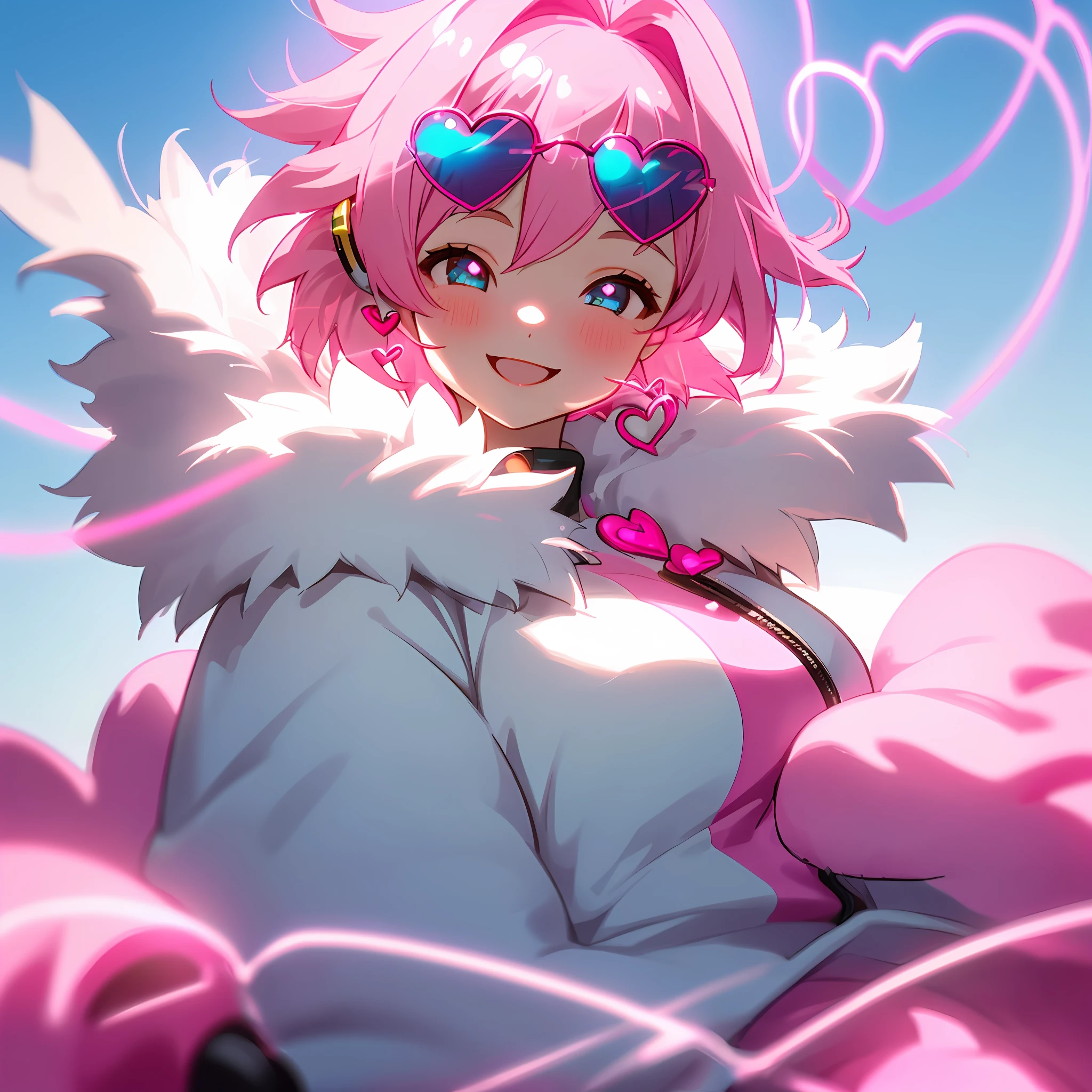 Girl with short pink hair, smiling and joyful in, fur jacket , sunglasses and pink, blue e yes, cheerfulness, heart-shaped pupils, heart earrings, headphones, light smile, an ime style, glowing light, UHD,wide shot, retina, super detail