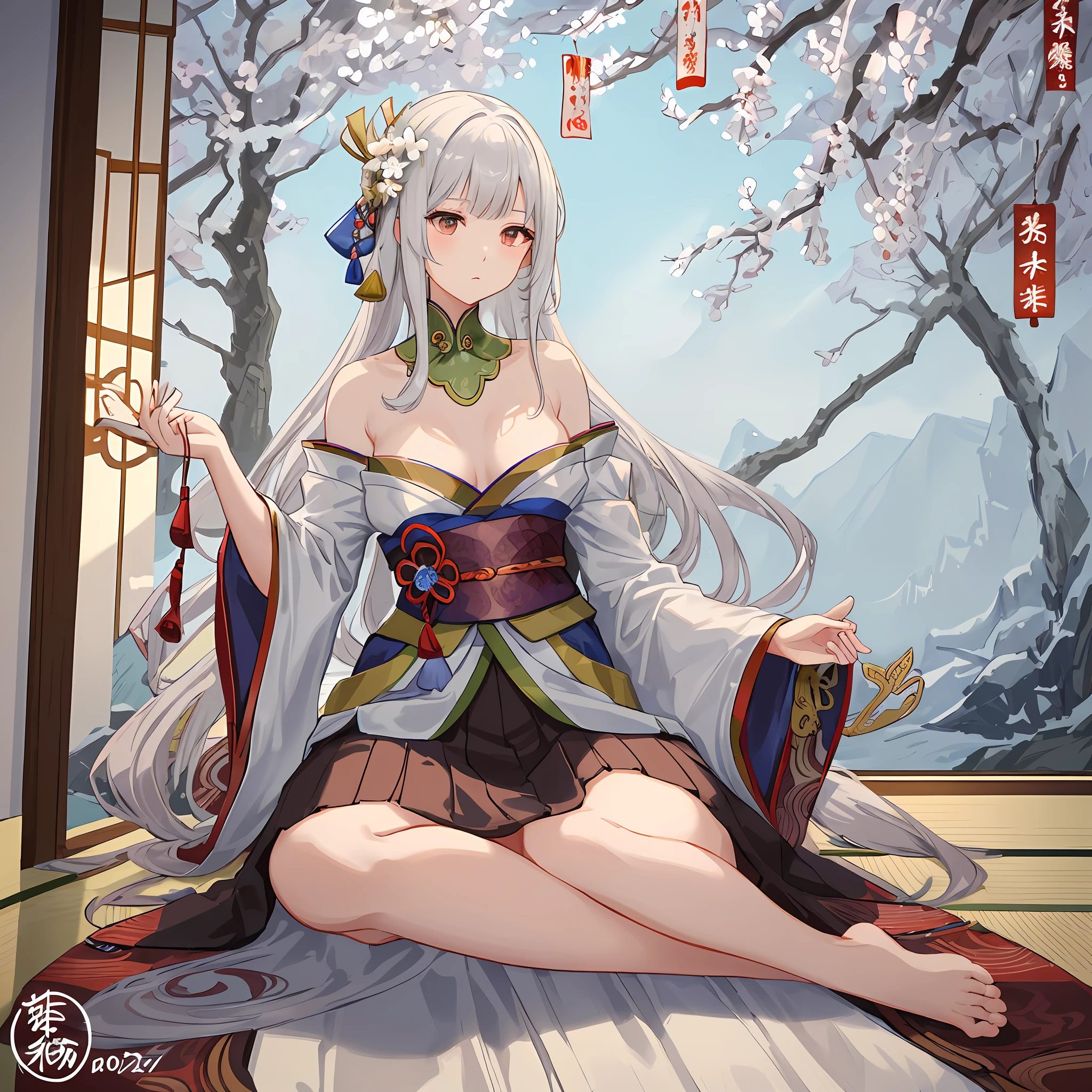 Beautiful woman sitting upright in a Japanese-style room, high resolution, masterpiece, RAW, tranquil air, dimly lit room, splendid calligraphy and paintings and flowers in the alcove in the back, beautiful shiny long hair, long hair with a beautiful luster, haori off, shoulders protruding, chest wrapped in expose, half from the pod, almost pulling out a sword, the moment when it moves from stillness to movement, the air around is filled with tension.
