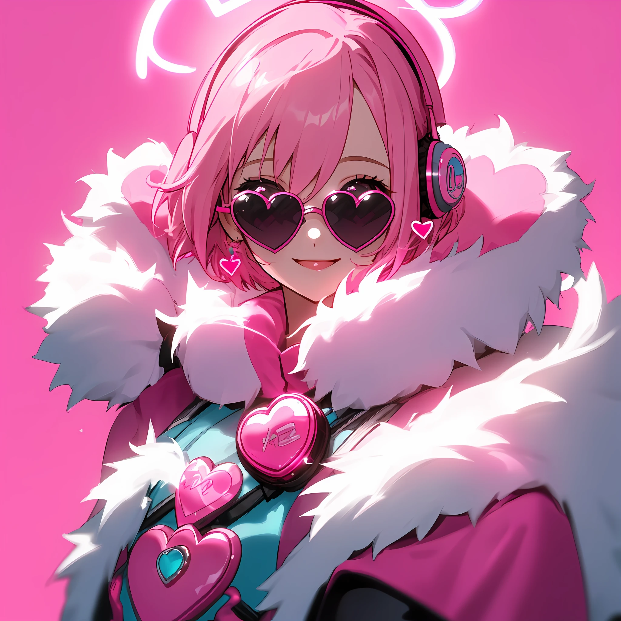 Girl with short pink hair, smiling and joyful in, Faux-Fur Jacket , sunglasses and pink, blue e yes, cheerfulness, heart-shaped pupils, heart earrings, headphones, light smile, an ime style, glowing light, UHD, retina, super detail