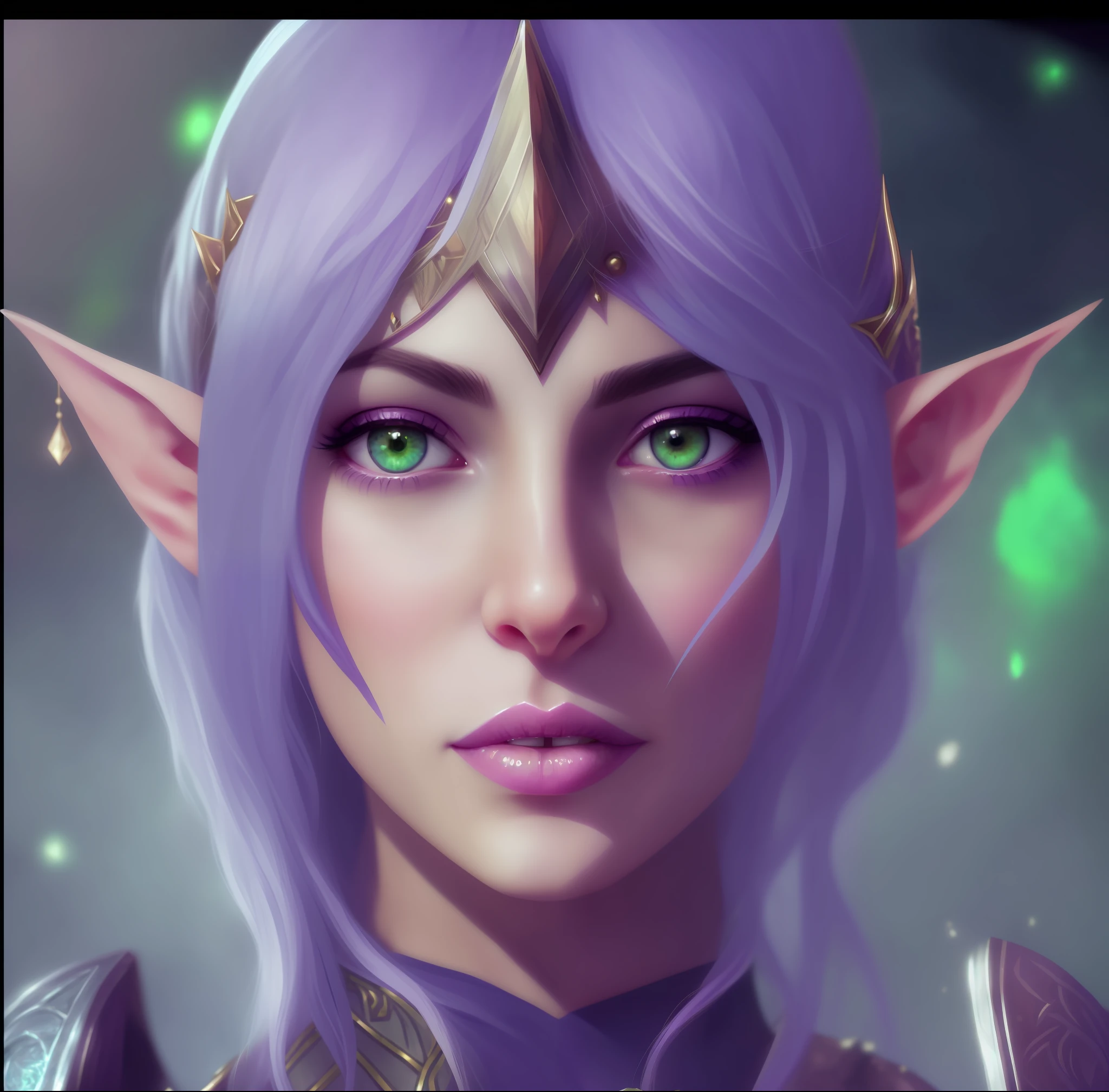 a close up of a woman with purple hair and green eyes, portrait of a female elf warlock, elven character with smirk, portrait of an elf queen, female elf, a portrait of an elf, portrait female elf wizard, elf girl, alluring elf princess knight, portrait of an elf, an elf queen, character art closeup, artgerm detailed