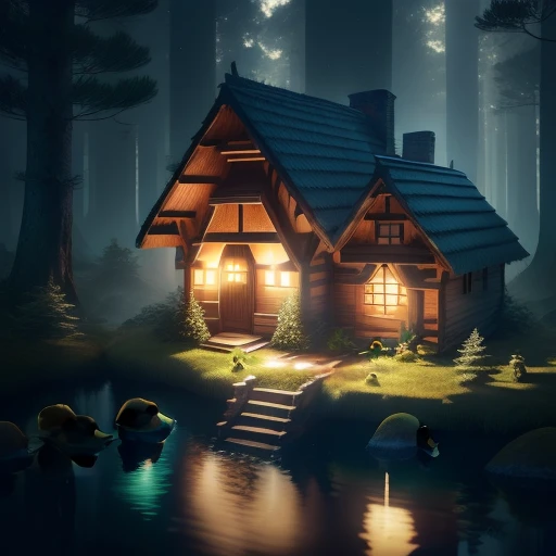 House in the forest with a river reflecting the sun with ducklings swimming realistic 8k