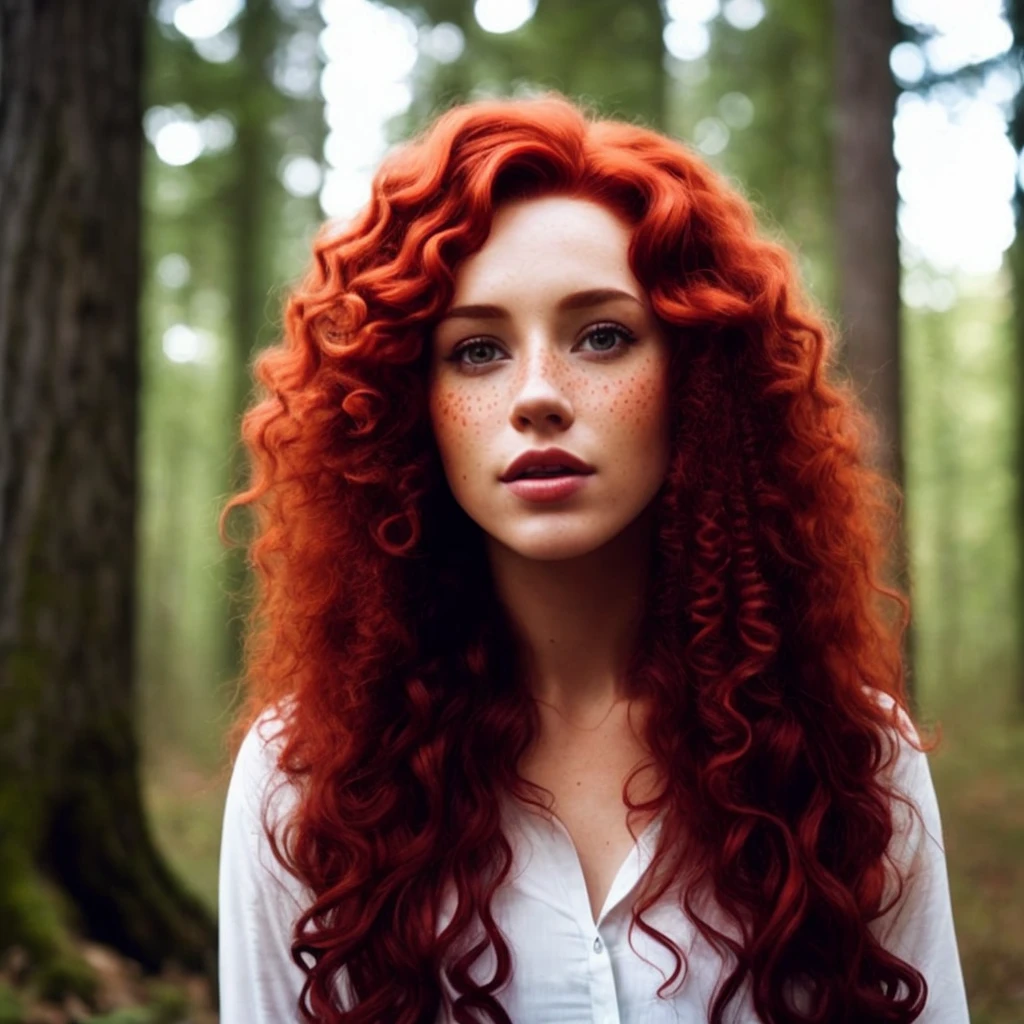 a close up of a woman with red hair and freckles in a forest, with curly red hair, curly red hair, red curly hair, wild ginger hair, red haired goddess, red curled hair, long curl red hair, curly copper colored hair, red hair and attractive features, redhead woman, redhead girl, beautiful redhead woman, red haired girl, red hair girl
