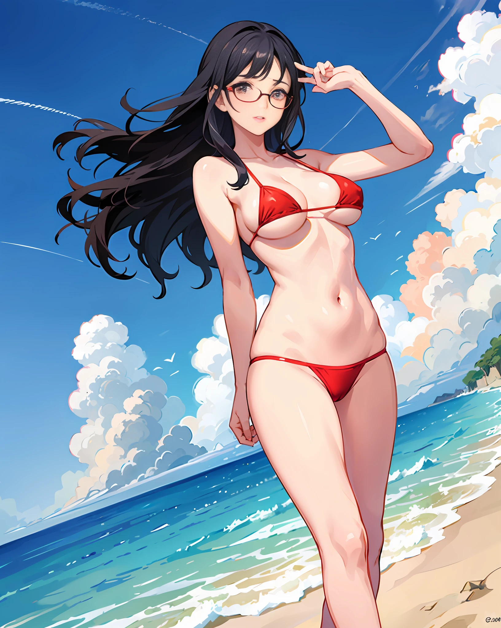 girl with wavy black hair, wears red bikini, big boobs, on the beach, wear eyeglass