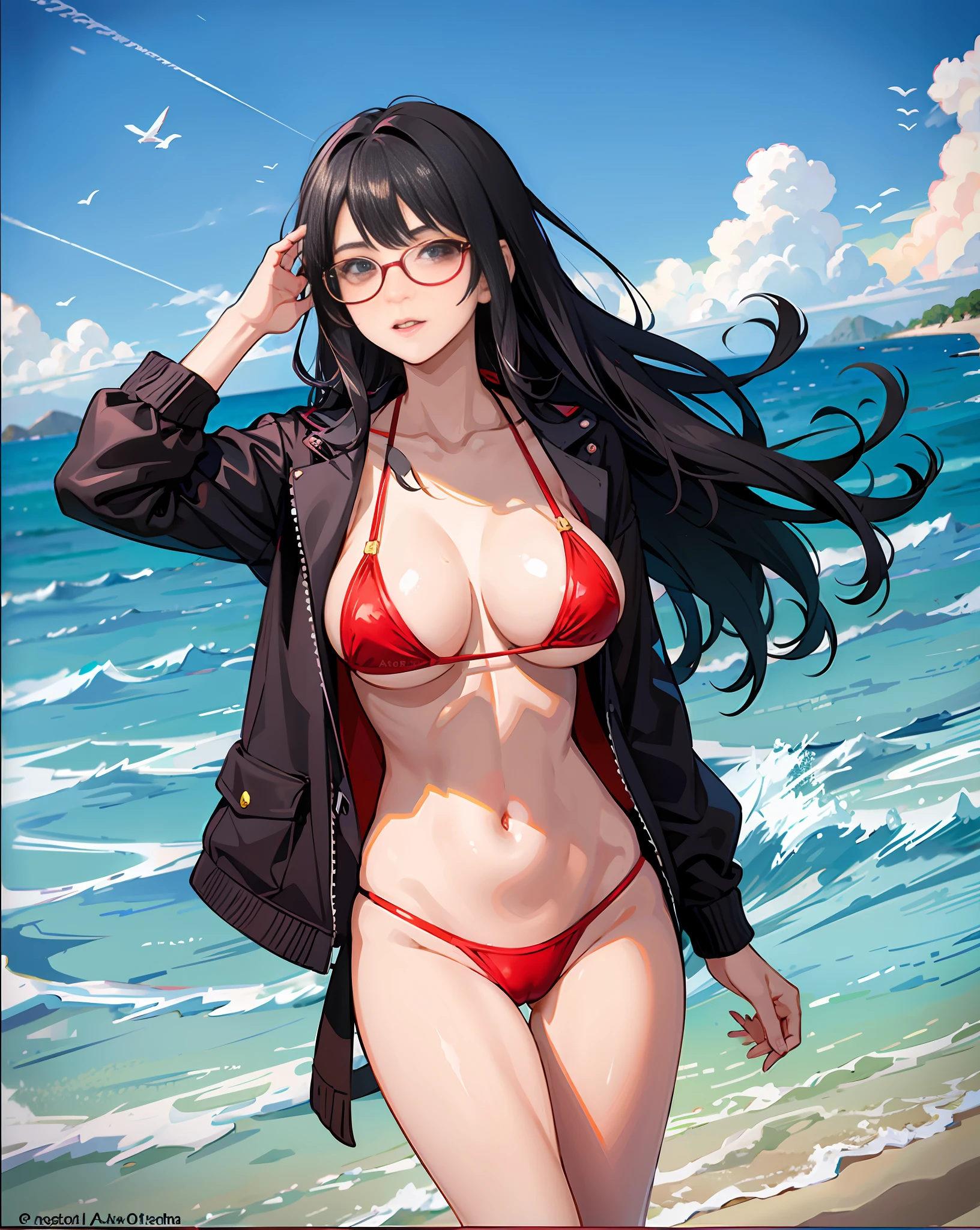 girl with wavy black hair, wears red bikini, big boobs, on the beach, wear eyeglass