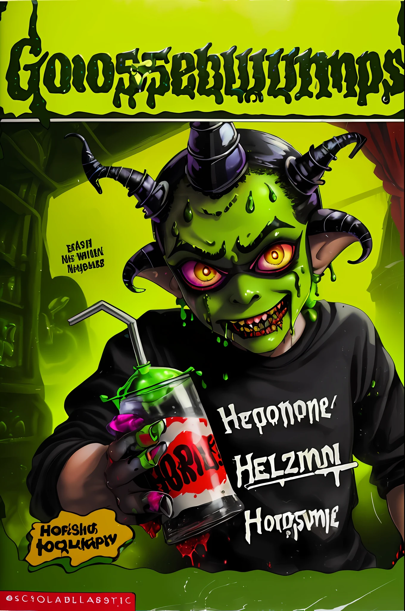 GoosebumpsBookCover, one day at horrorland,Inkling,splatoon,inkling,detailed,a horror from horrorland as an inkling with curly horns,giving handing over a disgusting drink to you,with green dark skin, little demon yellow eyes,with no eye pupils