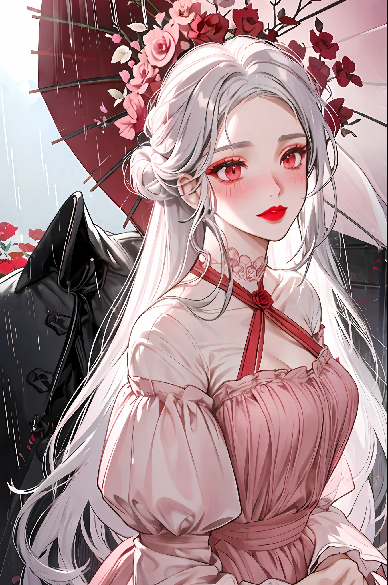silver-haired girl holding a rose and an umbrella in the rain, red eyes, shy look, red lips, blushing, pink flower garden in the background,