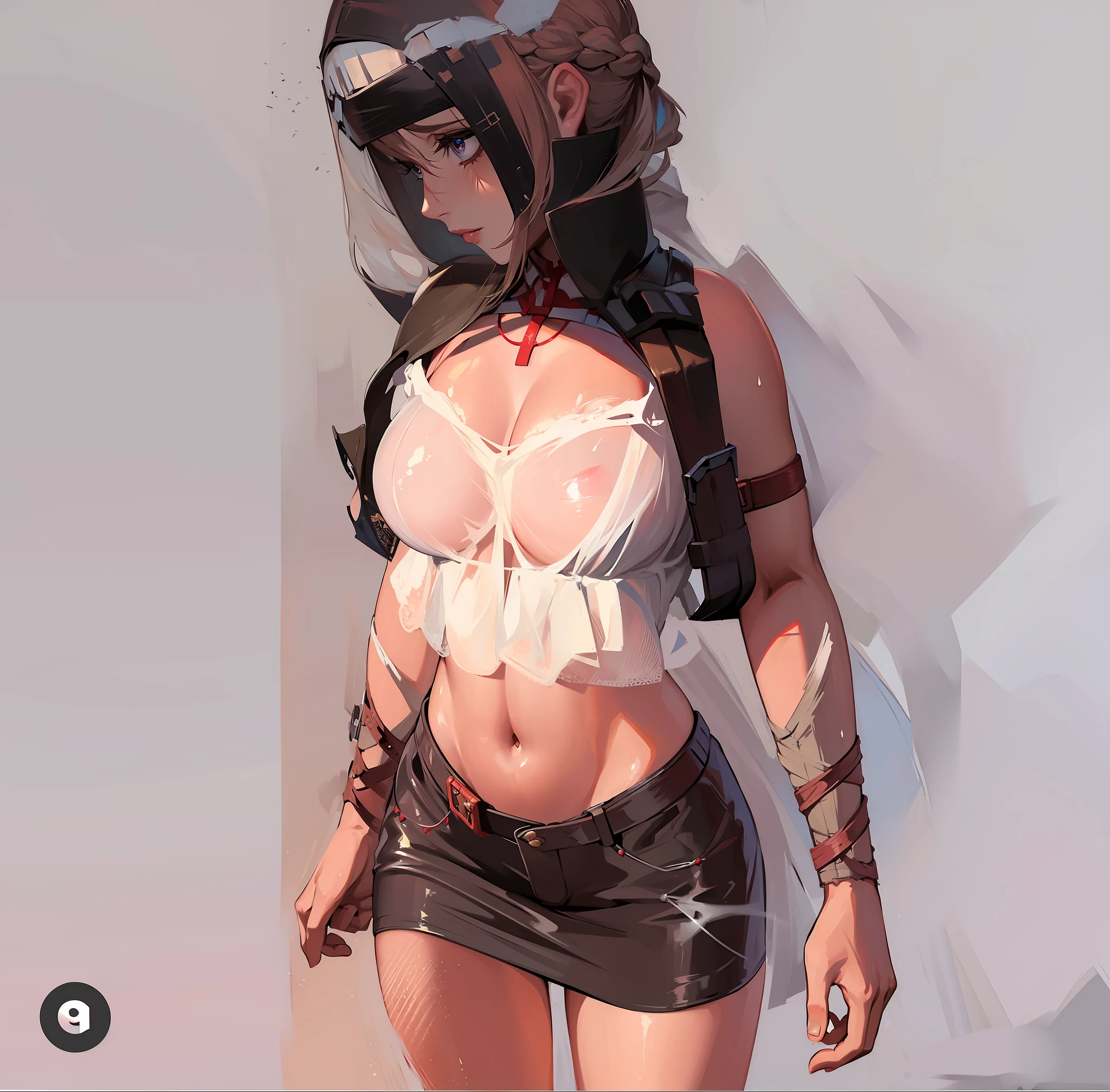 (Masterpiece:1.2), (best quality:1.2), perfect eyes, perfect face, perfect lighting, 1girl, mature woman on a battlefield, absurdly long red hair, crown braid, war_glam, armor, leather skirt, scars, fantasy, detailed background