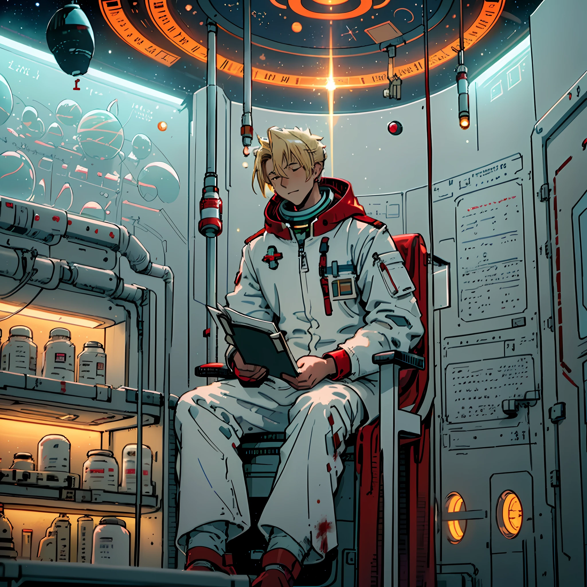 Draw a 27 years old blonde yellow hair medic, sitting on a small medical bay research platform at the space ship, tied up test person
, asteroid belt visible through the big window. He is studying with a notebook, surrounded by several asteroids glowing with fiery auras. Drips of red blood here and there, Dramatic lighting from distant stars and planets illuminates the scene, casting deep shadows on the medical coat. The young man looks confident and determined, looking at the vast and mysterious universe with wonder and respect, cowboy shot, middle lengh hair, red contrast colour, blood splater here and there