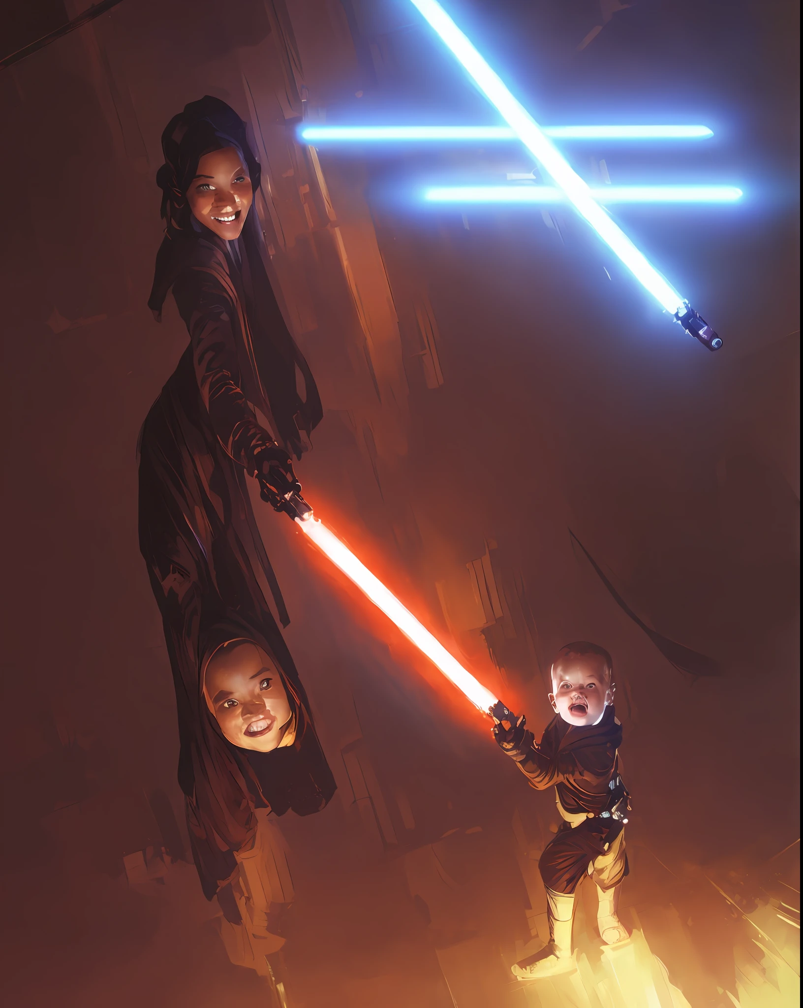 Photograph of a cute smile (baby_yodah) holding a lightsaber, art by (greg rutkowski), digital art in style (sokolov), near view, night, high resolution, very detailed, best quality, star wars,
