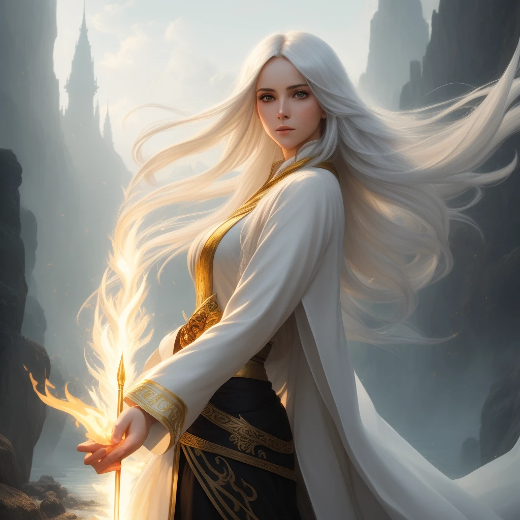 photorealistic photo of a handsome young female wizard, white wizard shirt with golden trim, white robe moving in the wind, long white hair, fully clothed, perfect face, handsome, (perfect composition:1.4), deviantart hd, artstation hd, concept art, detailed face and body, award-winning photography, margins, detailed face, detailed hands, ,backlight, 12k ultrarealistic, ray tracing, intense gaze, looking at the viewer, cinematic lighting, art by Grzegorz Rutkowski, embers, high fantasy background, action pose, hands up to 90 degrees, holding a small magic wand, water splash, misty