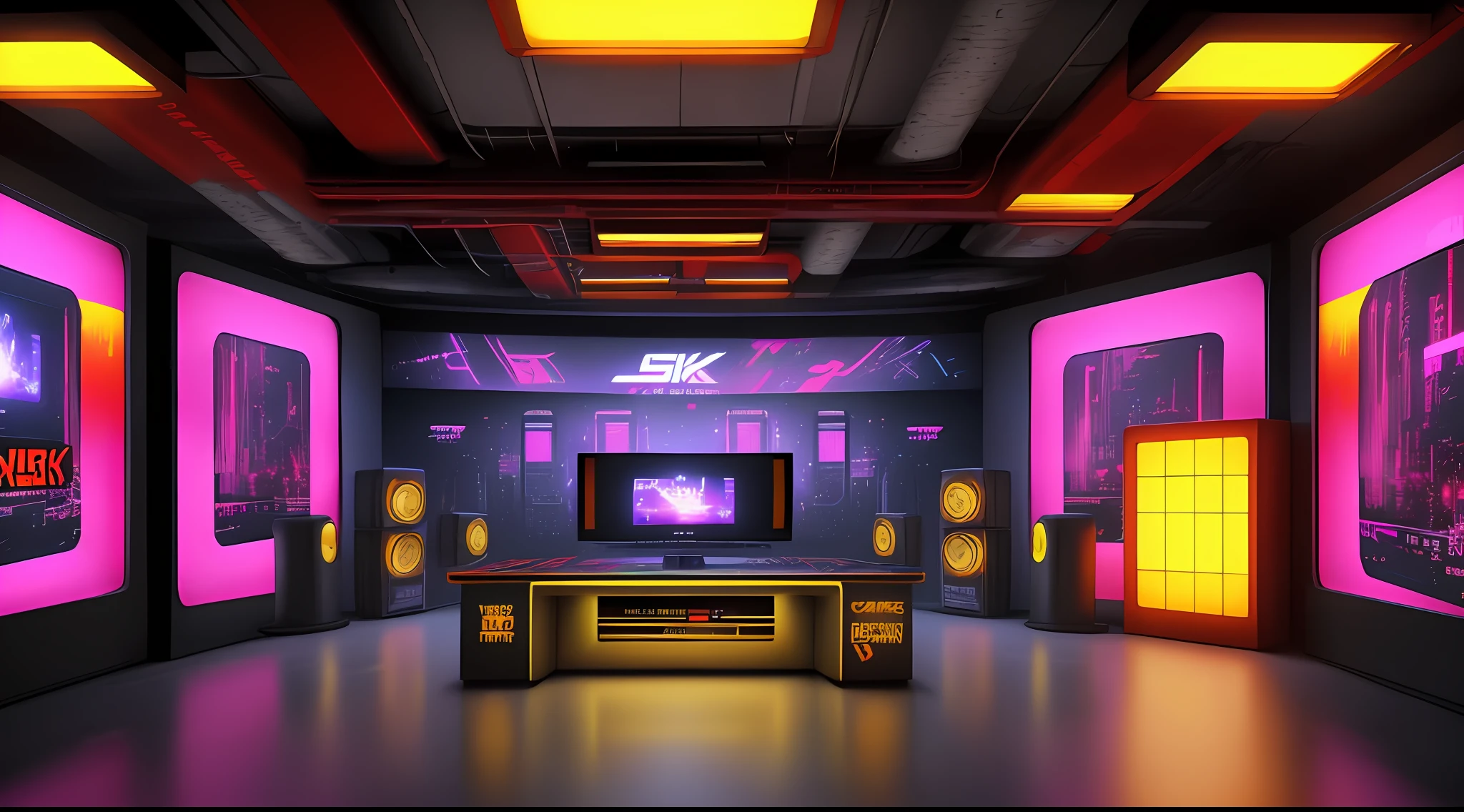 a tv studio, cyberpunk with large monitors and walls in graffiti style, predominantly red and yellow, open image, 35mm camera, realistic, detailed,
