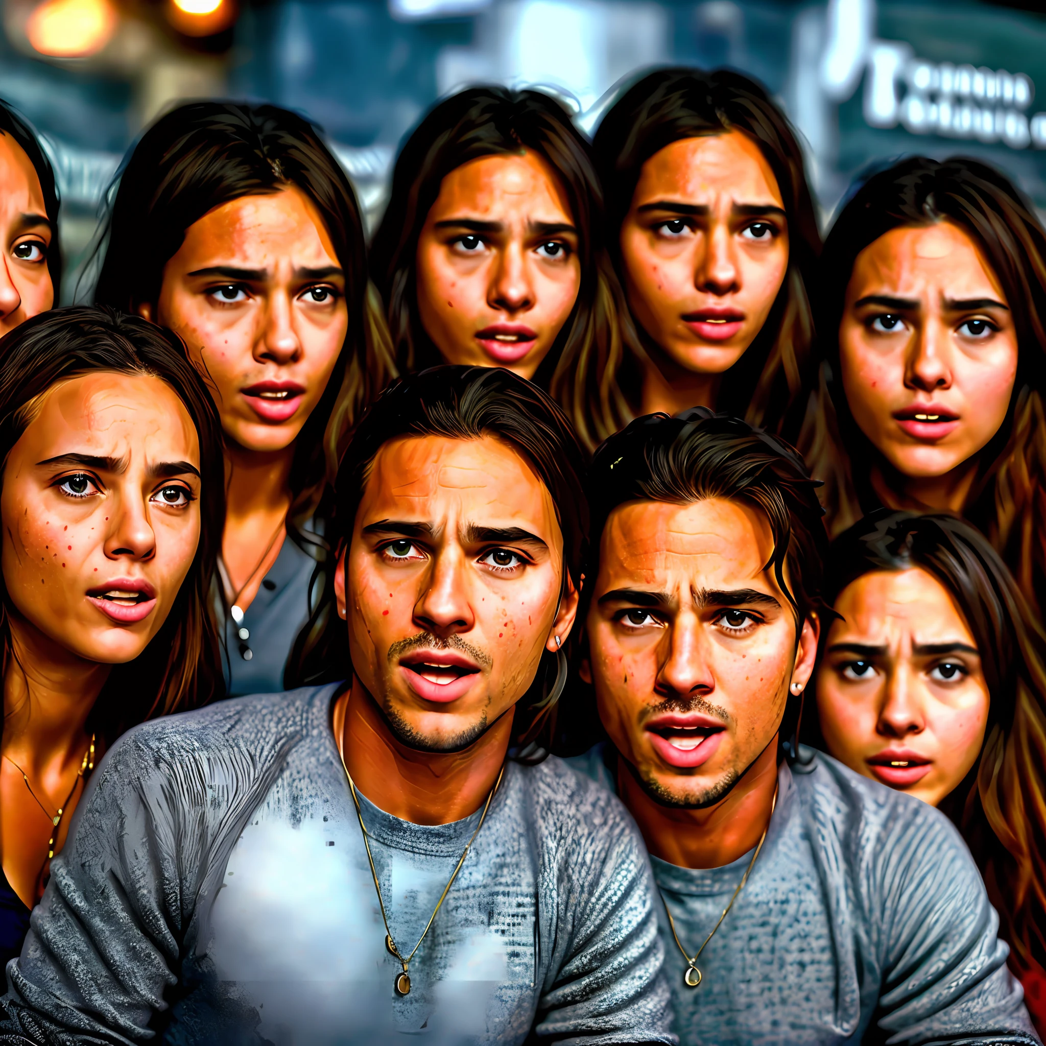 famous people, astonished face, surprise, realistic, photo quality, detailed, suspenseful background with lies