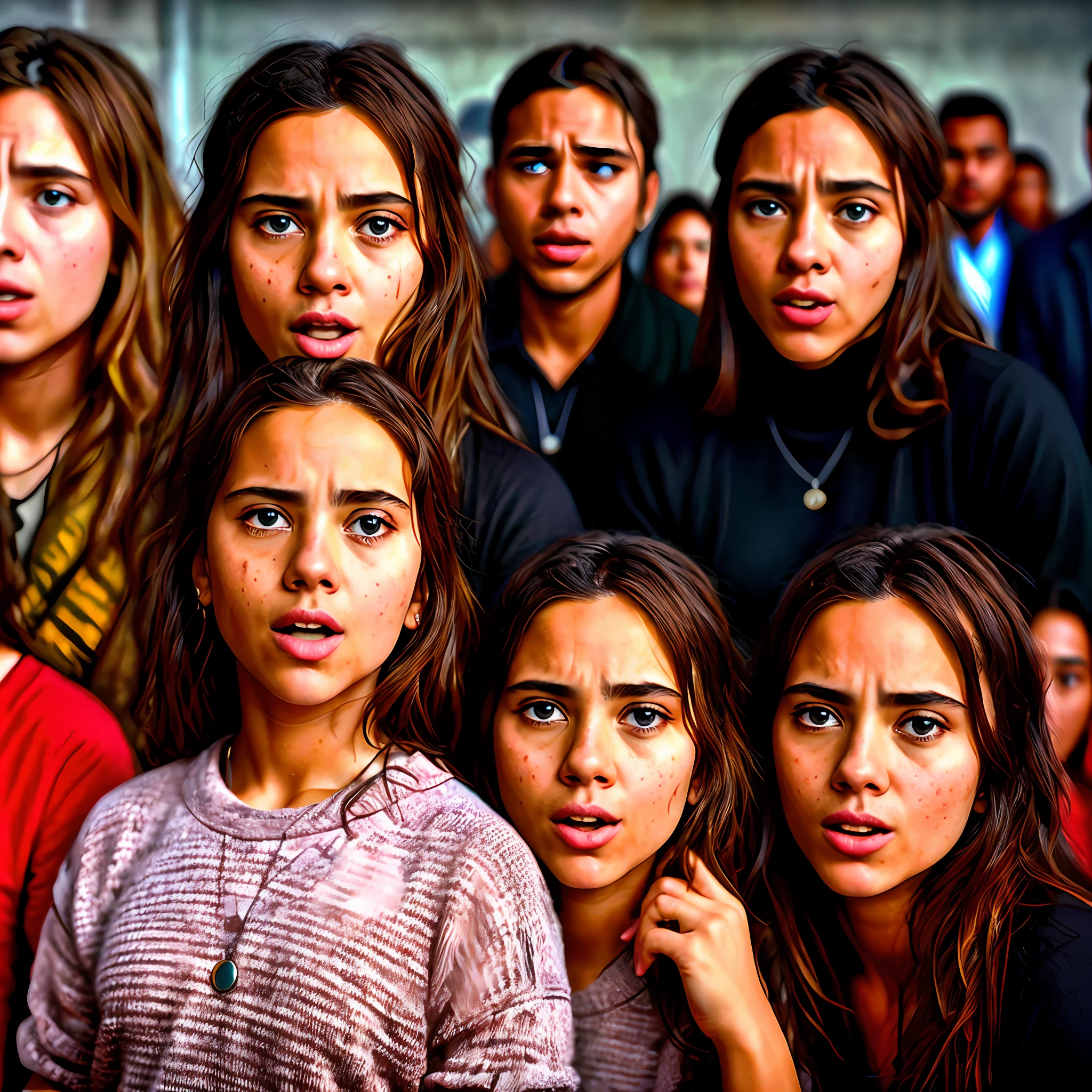 famous people, astonished face, surprise, realistic, photo quality, detailed, suspenseful background with lies