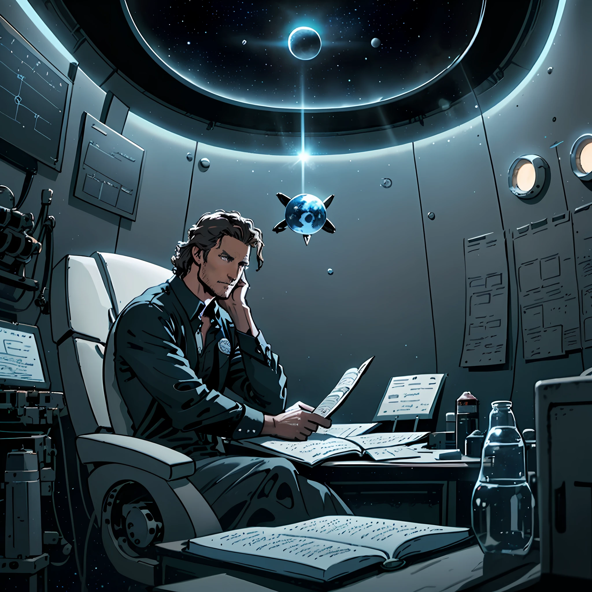 matthew mcconaughey sitting on a chair in a small room at the space ship, looking at the evidence board , asteroid belt visible through the big window. He is making notes with a notebook, surrounded by several black holes. Dark mood, Soft dramatic lighting from distant stars and planets illuminates the scene, casting deep shadows on the grey shirt. The man looks confident and determined, looking at the vast and mysterious universe with wonder and respect, cowboy shot, blue contrast colour, blood splater here and there