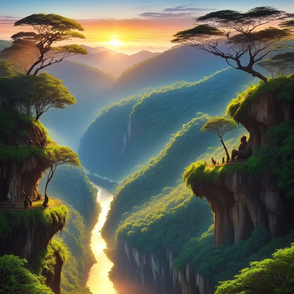 Imagine a stunning landscape in the Amazon Rainforest, Brazil. Towering trees form a verdant canopy, while a winding river reflects sunlight. Monkeys, macaws and a black panther inhabit the area. The sunset colors the sky and highlights the distant mountains. A scene of wild beauty and biodiversity