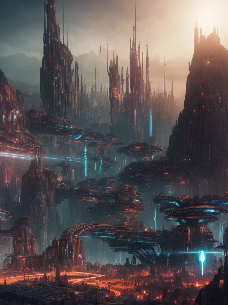 landscape, scifi, futuristic, utopian, machine, wires, circuits, highly detailed, octane render, cinematic, gothic, highly detailed and intricate, rich deep colors, intricate artwork masterpiece, ominous, matte painting , trending on cgsociety, intricate, epic, trending on artstation, production cinematic character render, ultra high quality model, 4k resolution, intricate artwork masterpiece,