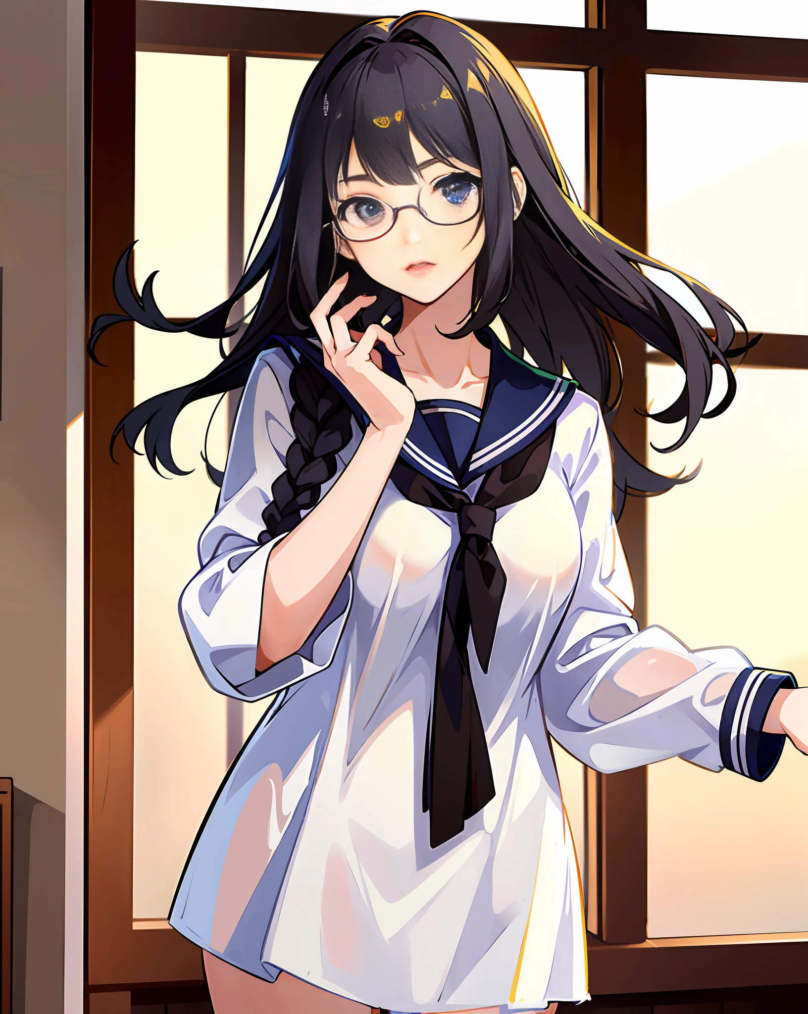 cute girl with wavy black hair, wears white uniform, big boobs, in the class, wear eyeglass