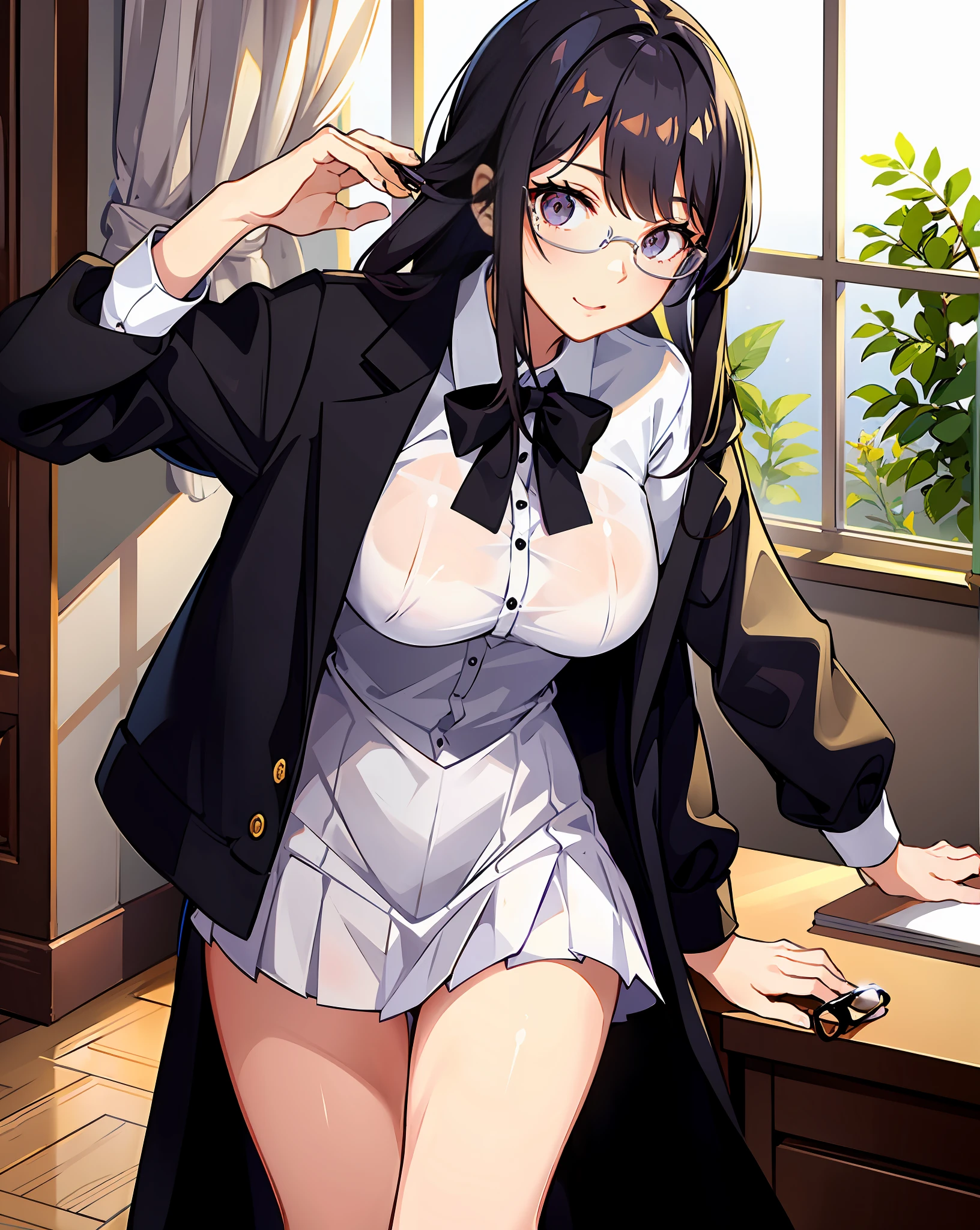 cute girl with wavy black hair, wears white uniform, big boobs, in the class, wear eyeglass