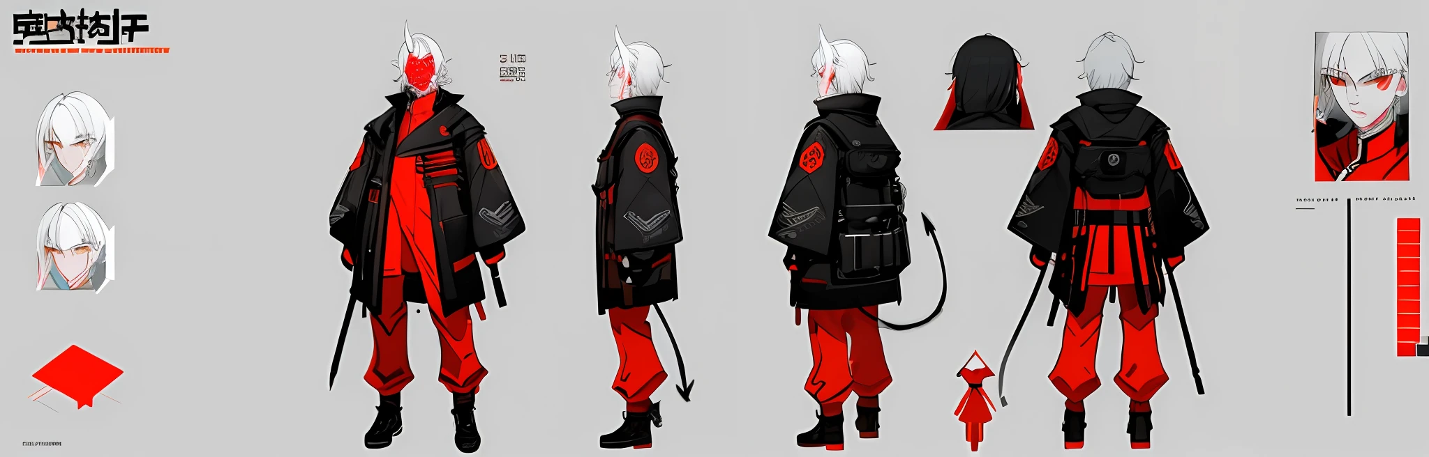 cyberpunk baddass, men with demon mask, white hair, ((red cloack)), red clothes, charturnerv2, full body, standing, same outfit, concept-art, full body, detail_face, line_sketch, design style, multi style, detail character, , massive detail, (character turnaround:1) ,multiple views of the same character, Highly detailed, expressionless, stylistic, no background, only detail character,4_side, concept render, scientific diagram, technical illustration, multiple views,