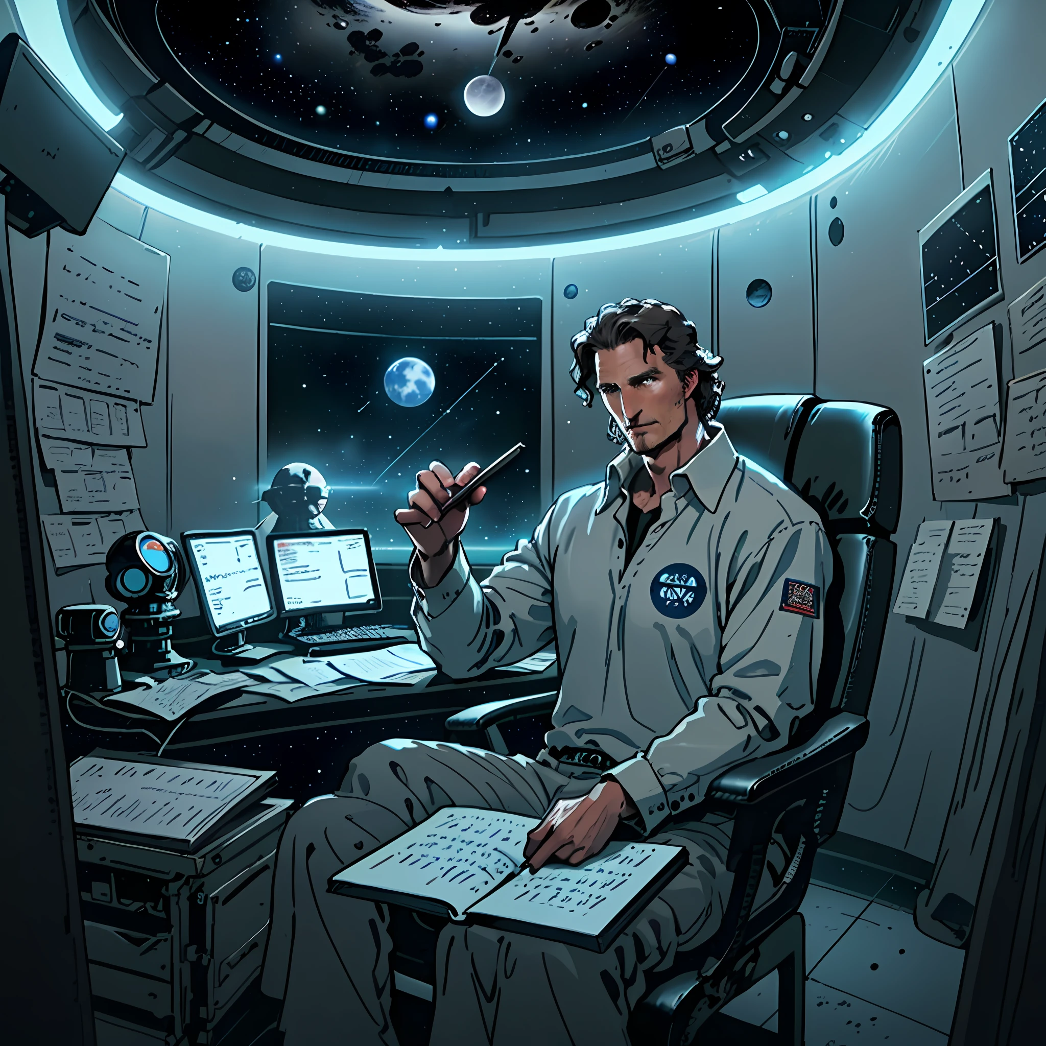 matthew mcconaughey sitting on a chair in a small room at the space ship, looking at the evidence board , asteroid belt visible through the big window. He is making notes with a notebook, surrounded by several black holes. Dark mood, Soft dramatic lighting from distant stars and planets illuminates the scene, casting deep shadows on the grey shirt. The man looks confident and determined, looking at the vast and mysterious universe with wonder and respect, cowboy shot, blue contrast colour, blood splater here and there