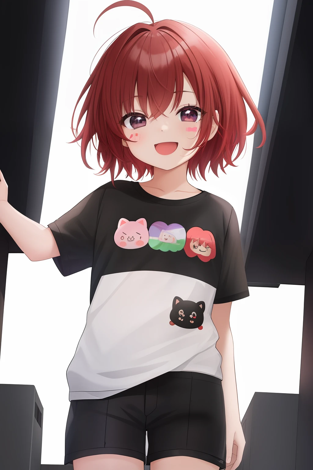 best quality, masterpiece, kyrielight mash, solo, 1girl, black eyes, :d, fat, black clothes, (chibi: 0.6), light red hair, short hair, sticker, emoji, cute, white background, ((laughing a lot ))