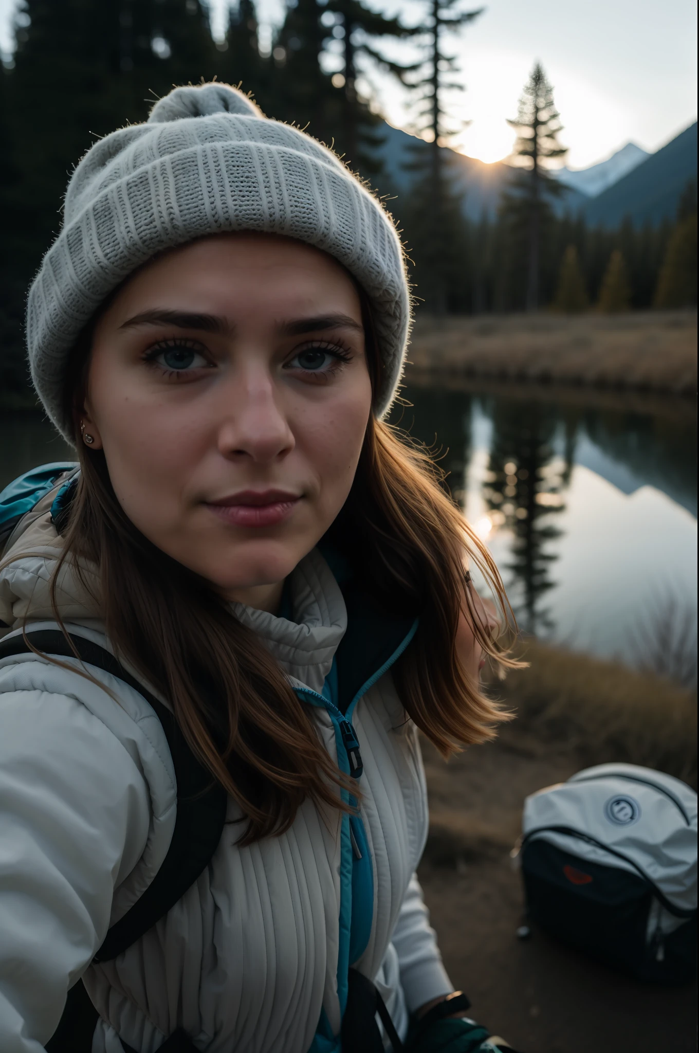 Arafed woman with backpack taking a selfie in front of a lake, blue eyes, film portrait, 50mm portrait, 60mm portrait, centered portrait, atmospheric portrait, perfectly centered portrait, 7 0mm portrait, perfect portrait composition, portrait close-up, close-up portrait, environmental portrait, ultra detailed portrait, cinematic head portrait, Epic cinematic shooting portraits