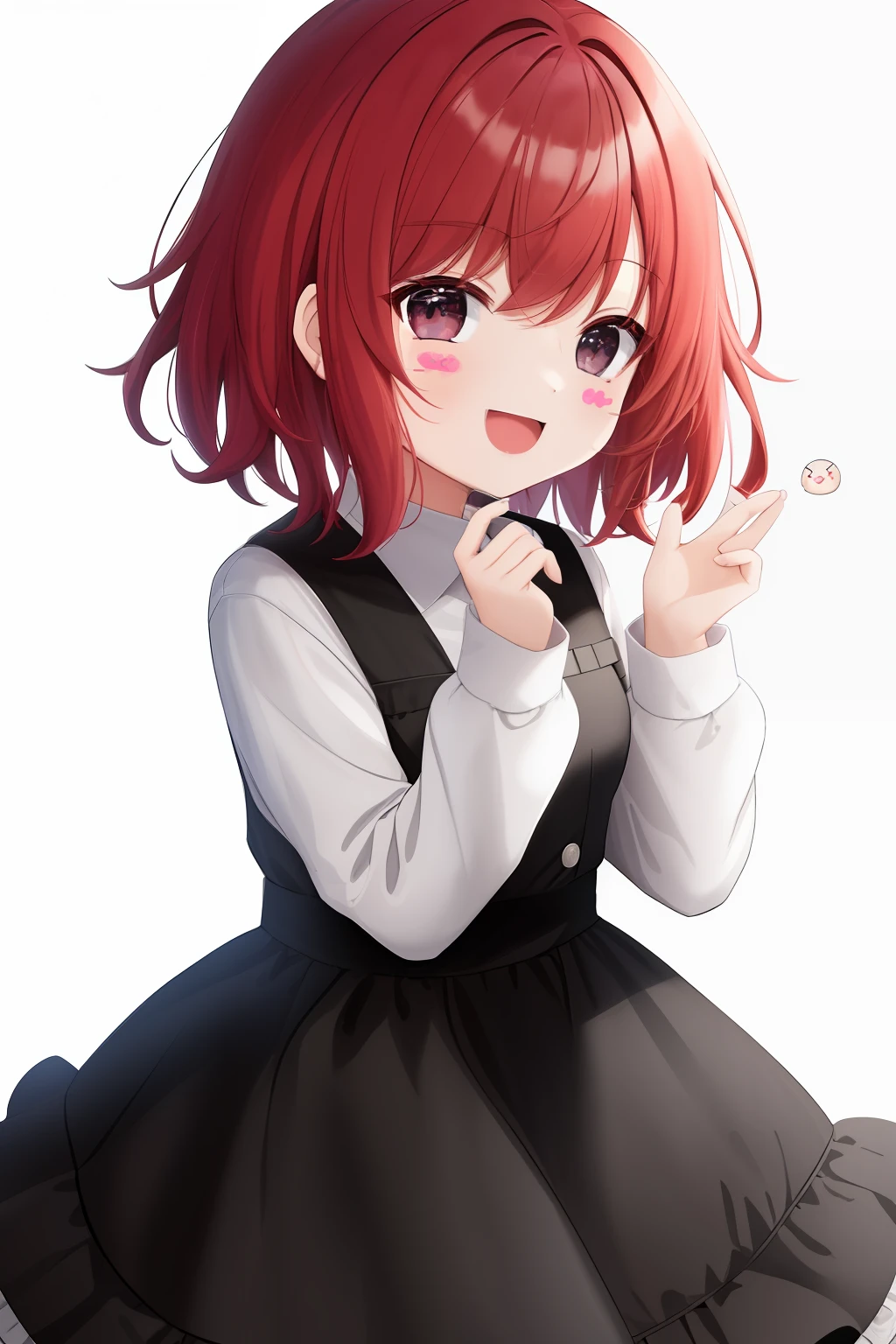 best quality, masterpiece, kyrielight mash, solo, 1girl, black eyes, :d, fat, black clothes, (chibi: 0.6), light red hair, short hair, sticker, emoji, cute, white background, ((laughing a lot ))