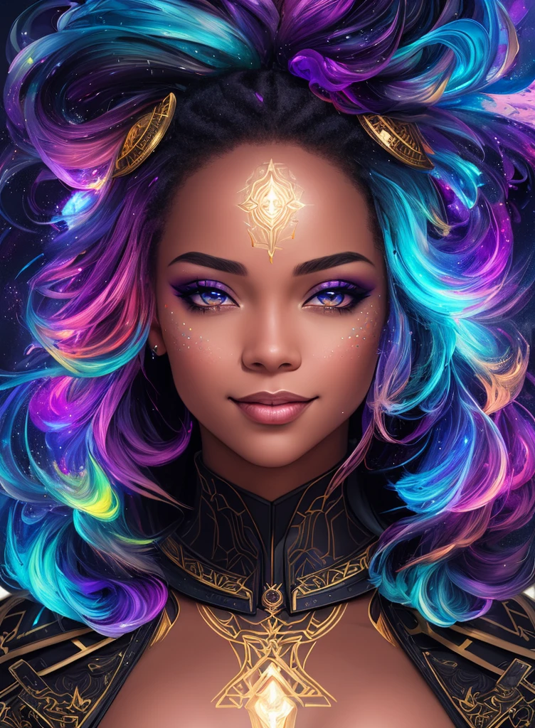 ultra detailed artistic abstract photography of beautiful smiling mulatto woman, midnight aura, night sky, detailed beautiful face, extremely detailed black eyes, soft rainbow liquid smoke, dreamy, glowing, backlit, glamour, shimmer, shadows, oil on canvas, brush strokes, smooth, ultra high definition, 8k, unreal engine 5, ultra sharp focus, art by alberto seveso, artgerm, loish, sf, masterpiece of intricate artwork, menacing, matte painting film poster , golden ratio highly detailed and vibrant production cinematic character rendering, ultra high quality model