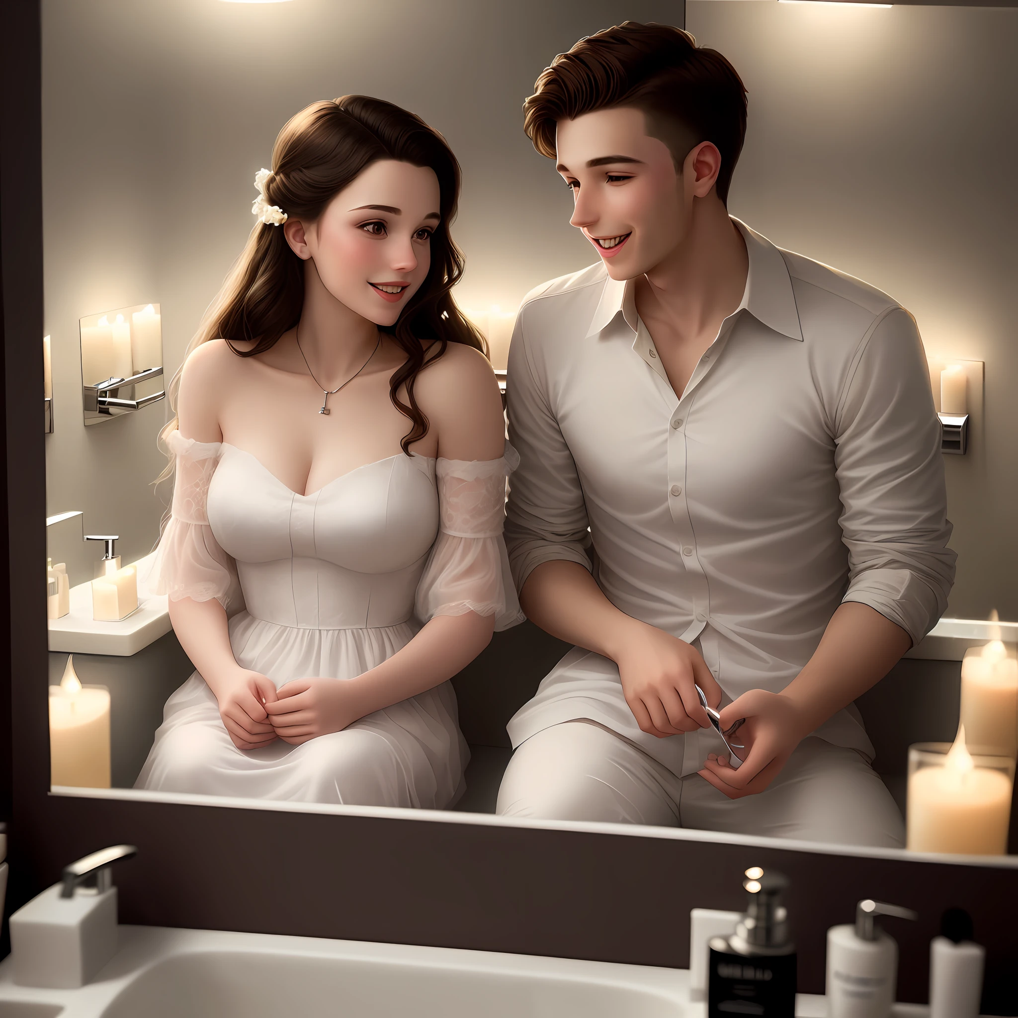 Beautiful young couple, man flossing his girlfriend's teeth, (ultra realism:1.1), in a lighted bathroom (led light:1.1)