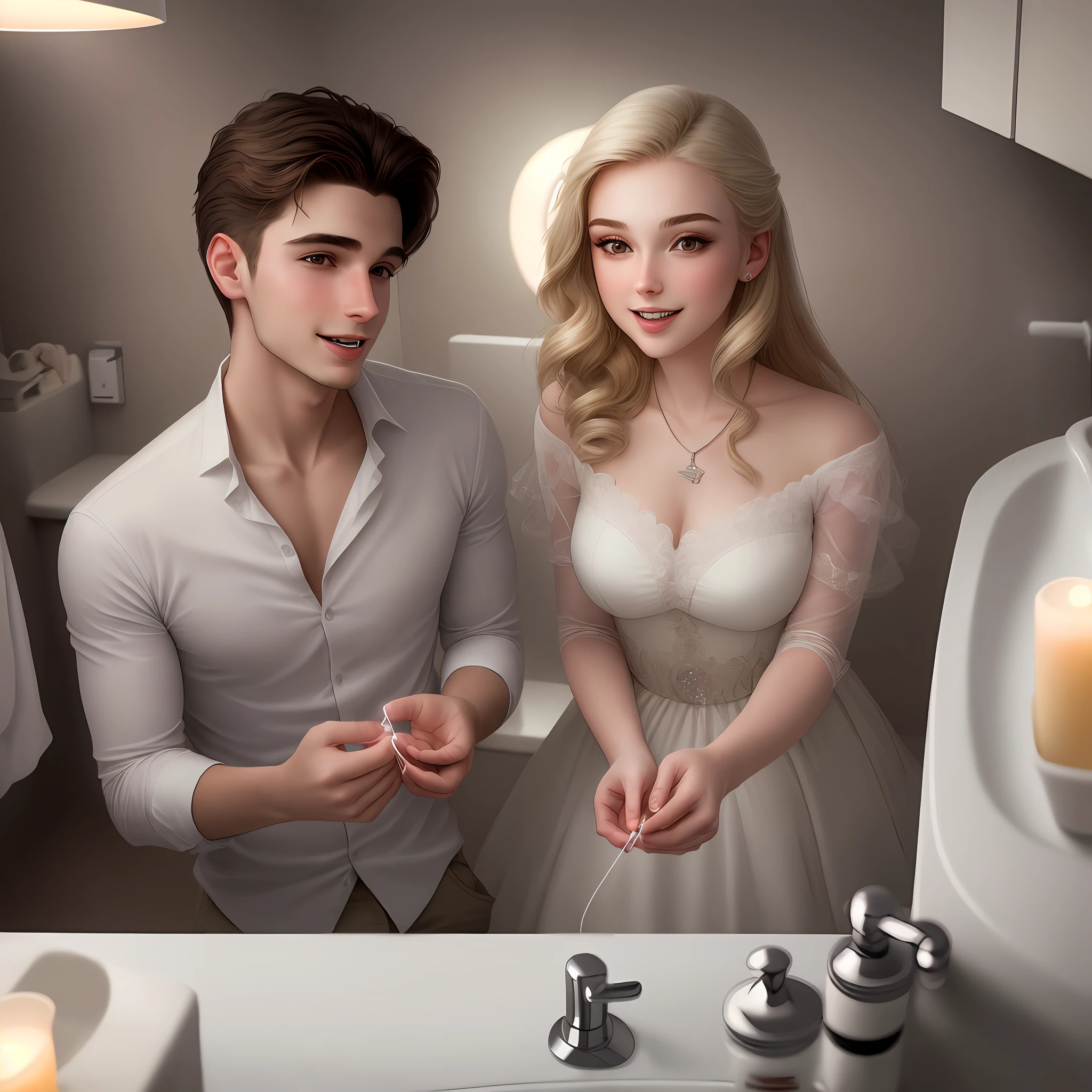 Beautiful young couple, man flossing his girlfriend's teeth, (ultra realism:1.1), in a lighted bathroom (led light:1.1)