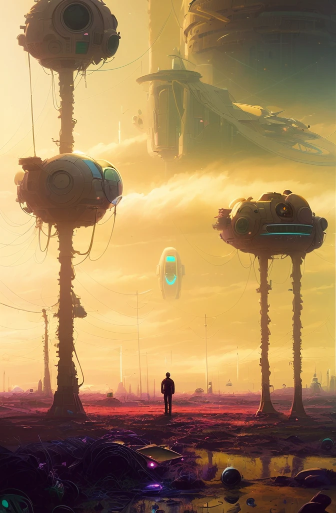 there is a man standing in a field with a giant alien spaceship, sci - fi illustrations, paul lehr and beeple, sci-fi illustrations, sci-fi digital painting, sergey kolesov concept art, greg beeple, surreal concept art, sci-fi digital art illustration, beeple and jean giraud, sci fi digital painting