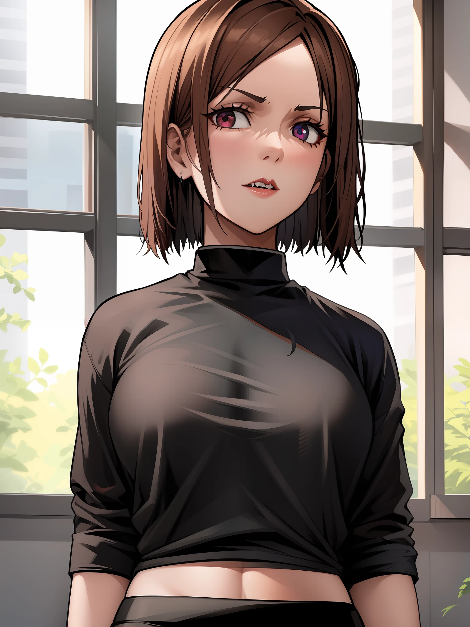 1girl, cowboy shot, beautiful NobaraJK, black tshirt, loose fit, black skirt, office, volumetric lighting, best quality, masterpiece, intricate details, tonemapping, sharp focus, hyper detailed, trending on Artstation,