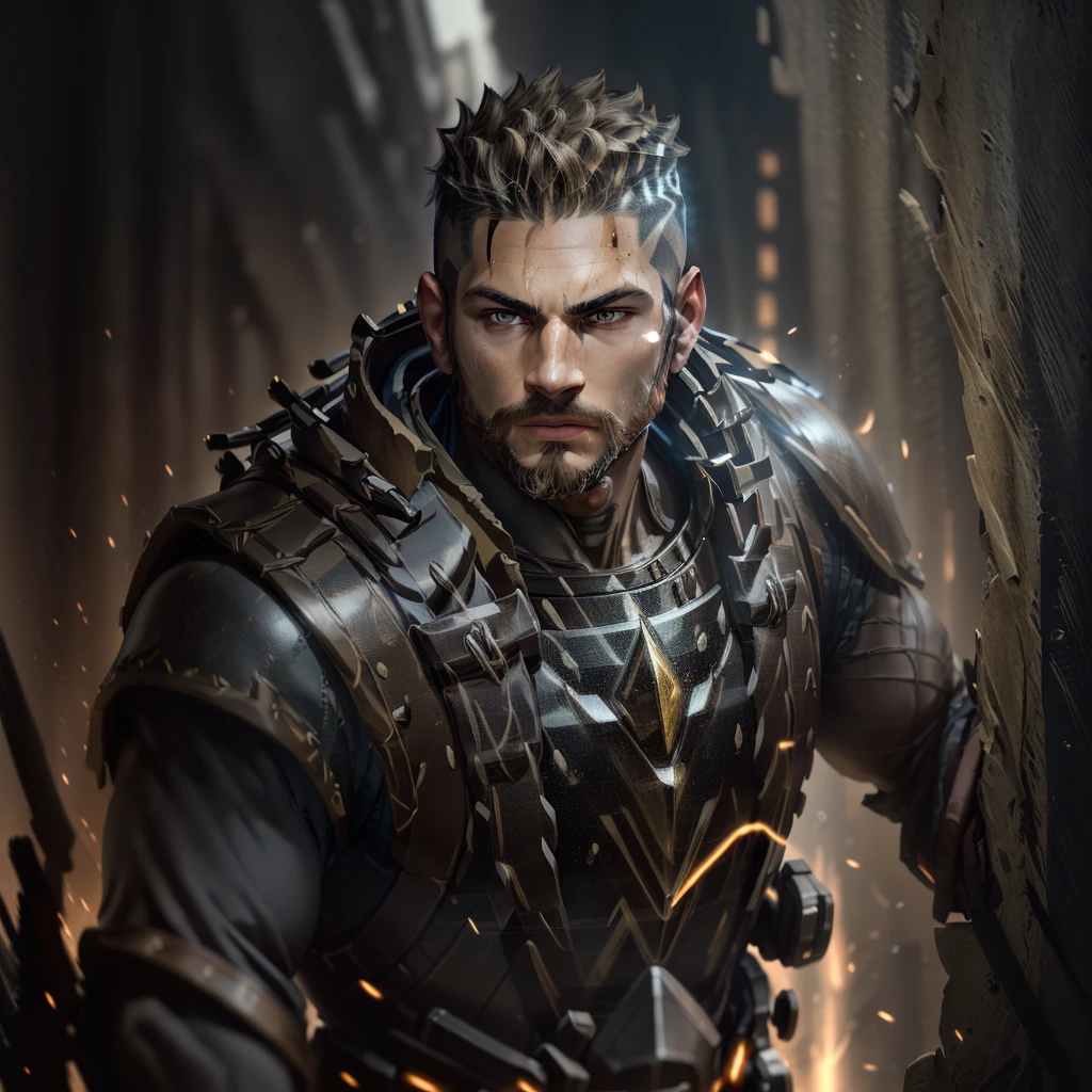 Man, light brown skin, Latin, shaved head, heroic uniform, black technological armor, detailed armor, light on armor, weapons, 1.7m tall, muscular, lightning bolts coming out of his hands, facial hair, medium beard, bright pupils, hardened face, gradient eyes, bright eyes, yellow eyes, Conceptual art, Hyperrealism, Color field painting, cinematic lighting, glow, reflection light, close, masterpiece, accurate, anatomically correct, textured skin, super detail, high quality, high detail, award-winning, best quality, high resolution, technical battle background, Conceptual art, Futurism, Color Field painting, reflection light, backlighting, cinematic lighting, depth of field, panorama, Hasselblad, UHD, 8k, textured skin, textured skin, super detail, high quality, 8k, best quality, retina