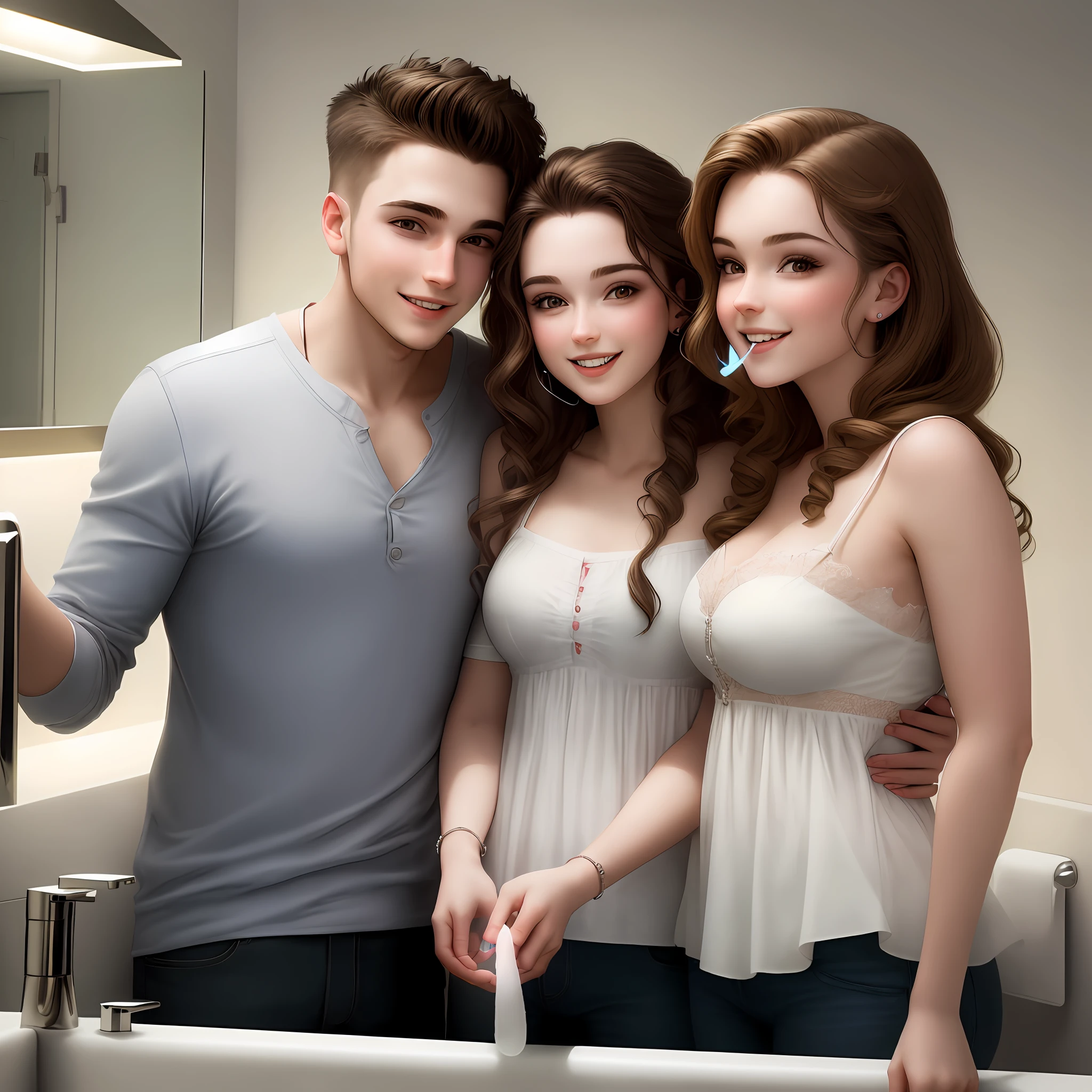 Beautiful young couple, man flossing his girlfriend's teeth,(clouse-up:1.2), (ultra realism:1.1), in a lighted bathroom (led light:1.1)
