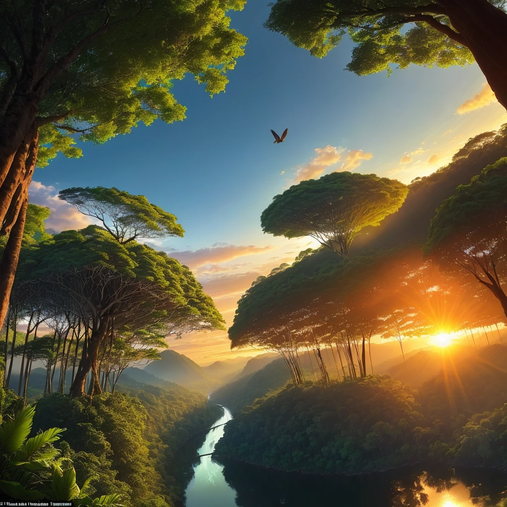 Imagine a stunning landscape in the Amazon Rainforest, Brazil. Towering trees form a verdant canopy, while a winding river reflects sunlight. Monkeys, macaws and a black panther inhabit the area. The sunset colors the sky and highlights the distant mountains. A scene of wild beauty and biodiversity