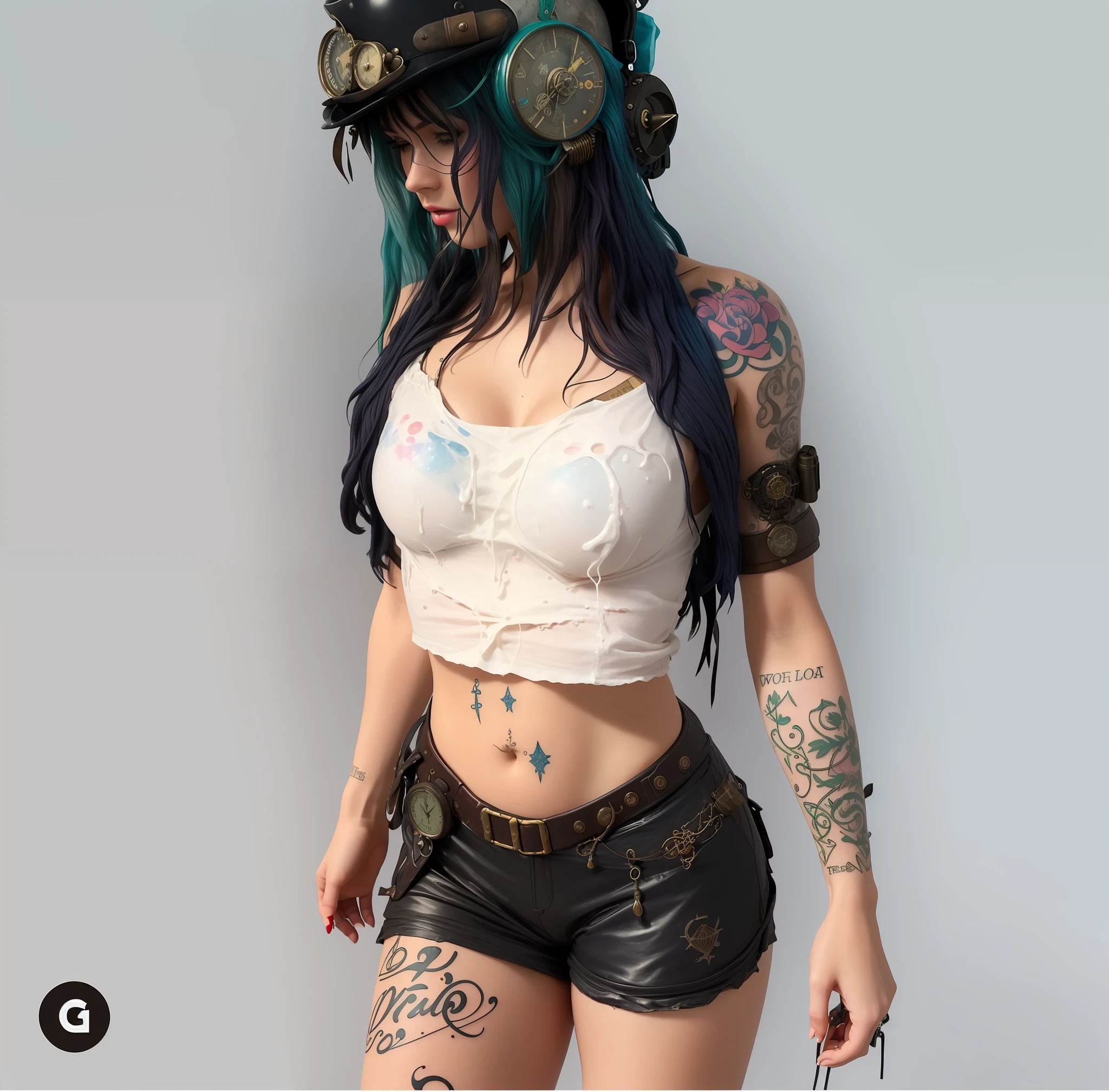 in milk wetted clothes, with pents, steampunk tattoos